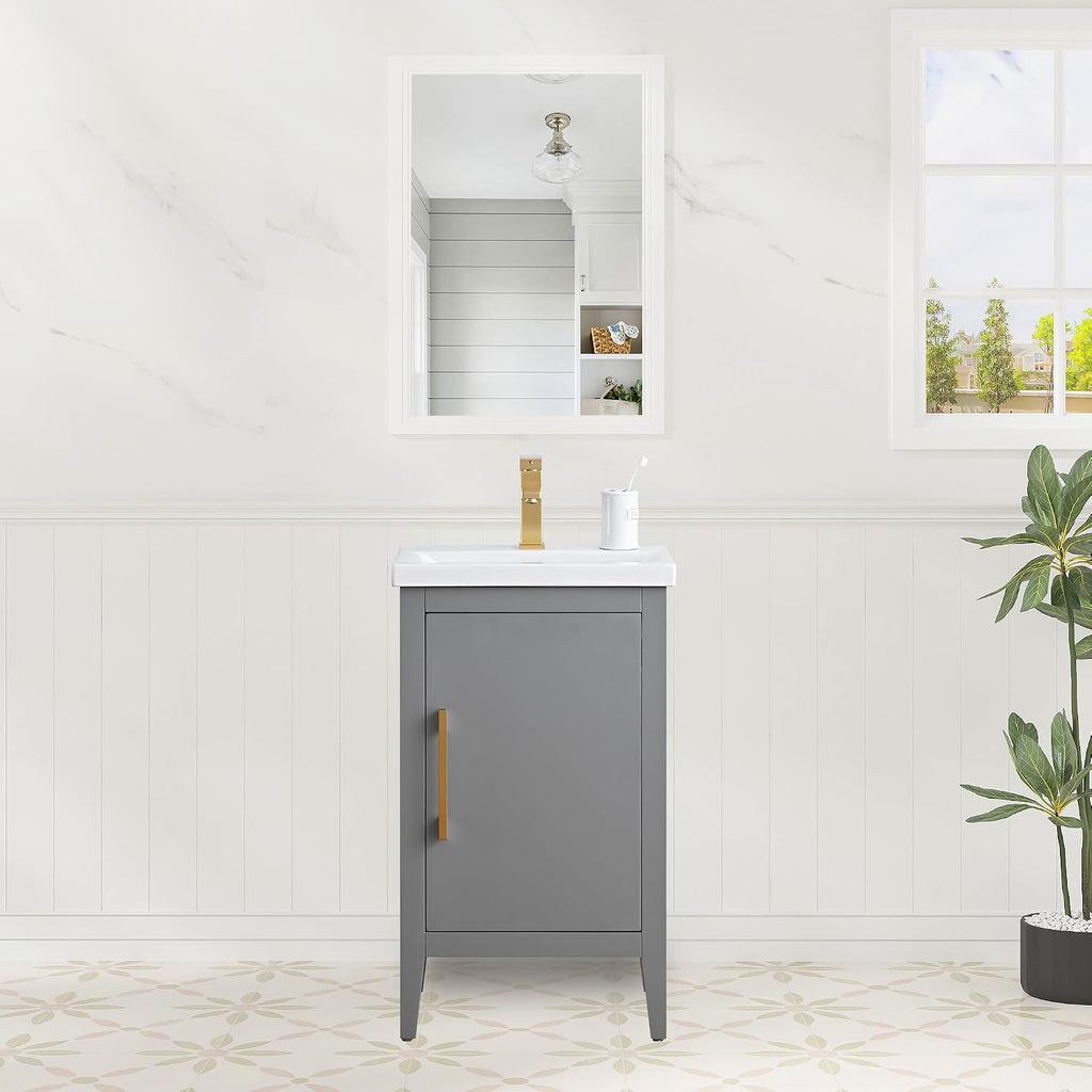 HOMEBEYOND 20 Inch Bathroom Vanities with Sink & Ceramic Top, Single Vanity Cabinet with Basin, Solid Wood Frame, Soft-Closing Doors & Golden Brushed Hardware, Grey
