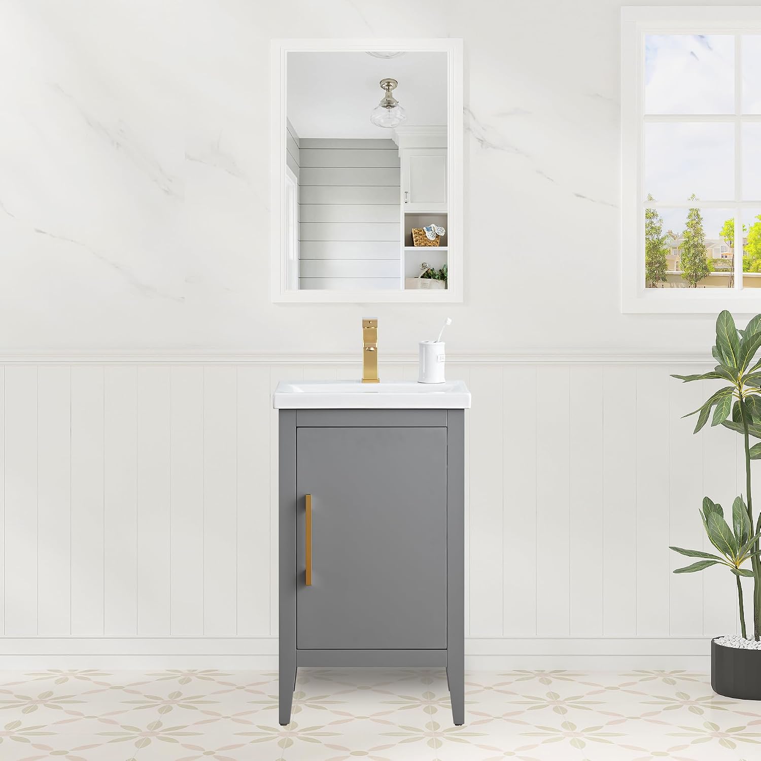 HOMEBEYOND 20 Inch Bathroom Vanities with Sink & Ceramic Top, Single Vanity Cabinet with Basin, Solid Wood Frame, Soft-Closing Doors & Golden Brushed Hardware, Grey
