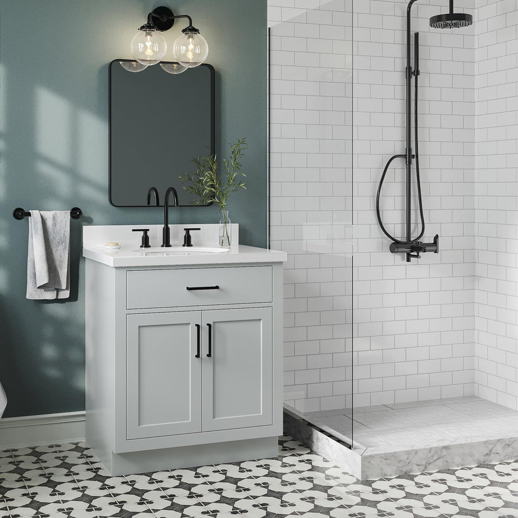 ARIEL Hepburn 30-inch Bathroom Vanity with Sink,Solid Wood, 1.5-inch Pure White Quartz Countertop & Backsplash, Single Oval Porcelain Sink, 2 Soft Closing Doors, 1 Dovetail Drawers, Grey
