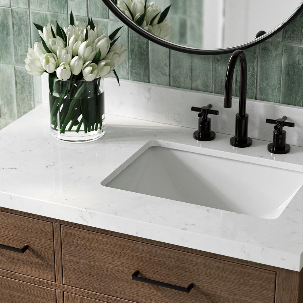 ARIEL Hepburn 36-inch Bathroom Vanity with Sink,Solid Wood, 1.5-inch Carrara White Quartz Countertop, Single Rectangular Porcelain Sink, 2 Soft Closing Doors, 5 Dovetail Drawers, Brown Oak