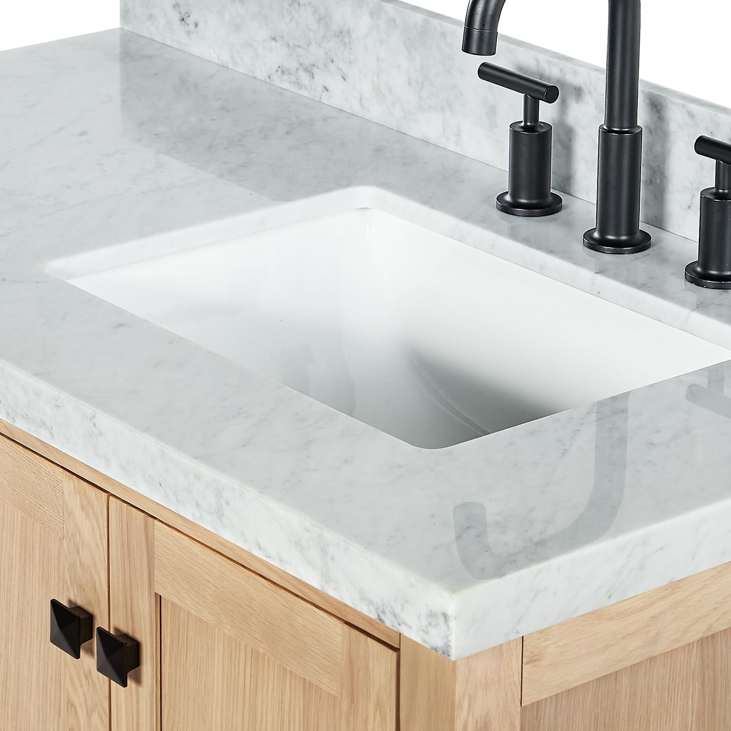 ARIEL 66-Inch Oak Bathroom Vanity with Sink, Italian Carrara Marble Countertop 1.5' Edge & Backsplash, Soft Closing Doors & Drawers, Matte Black Hardware