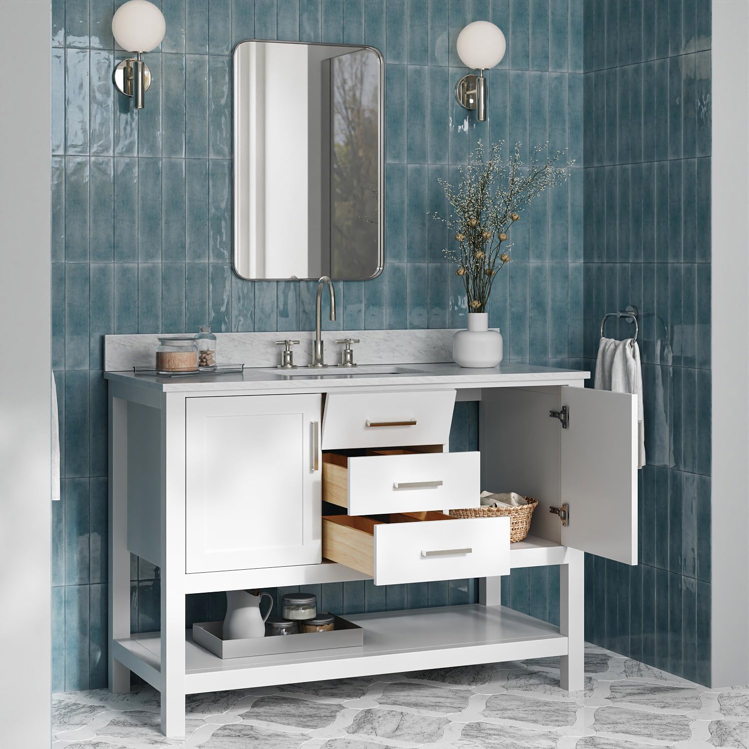 ARIEL Bayhill 48-inch Bathroom Vanity with Sink,Solid Wood, 0.75-inch Italian Carrara Marble Countertop, Single Rectangular Porcelain Sink, 2 Soft Closing Doors, 2 Dovetail Drawers, White