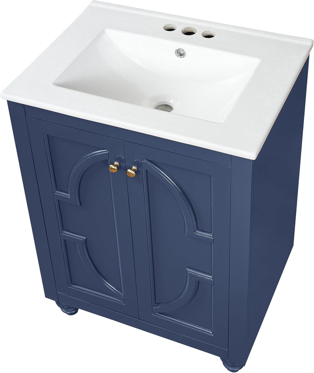 VilroCaz 24' Modern Bathroom Vanity with Ceramic Sink, Ornate Elliptical Motif Design & Soft-Close Hinges, Wood Bathroom Cabinet with Ball-Turned Legs, French Elegance (Blue-Ele)