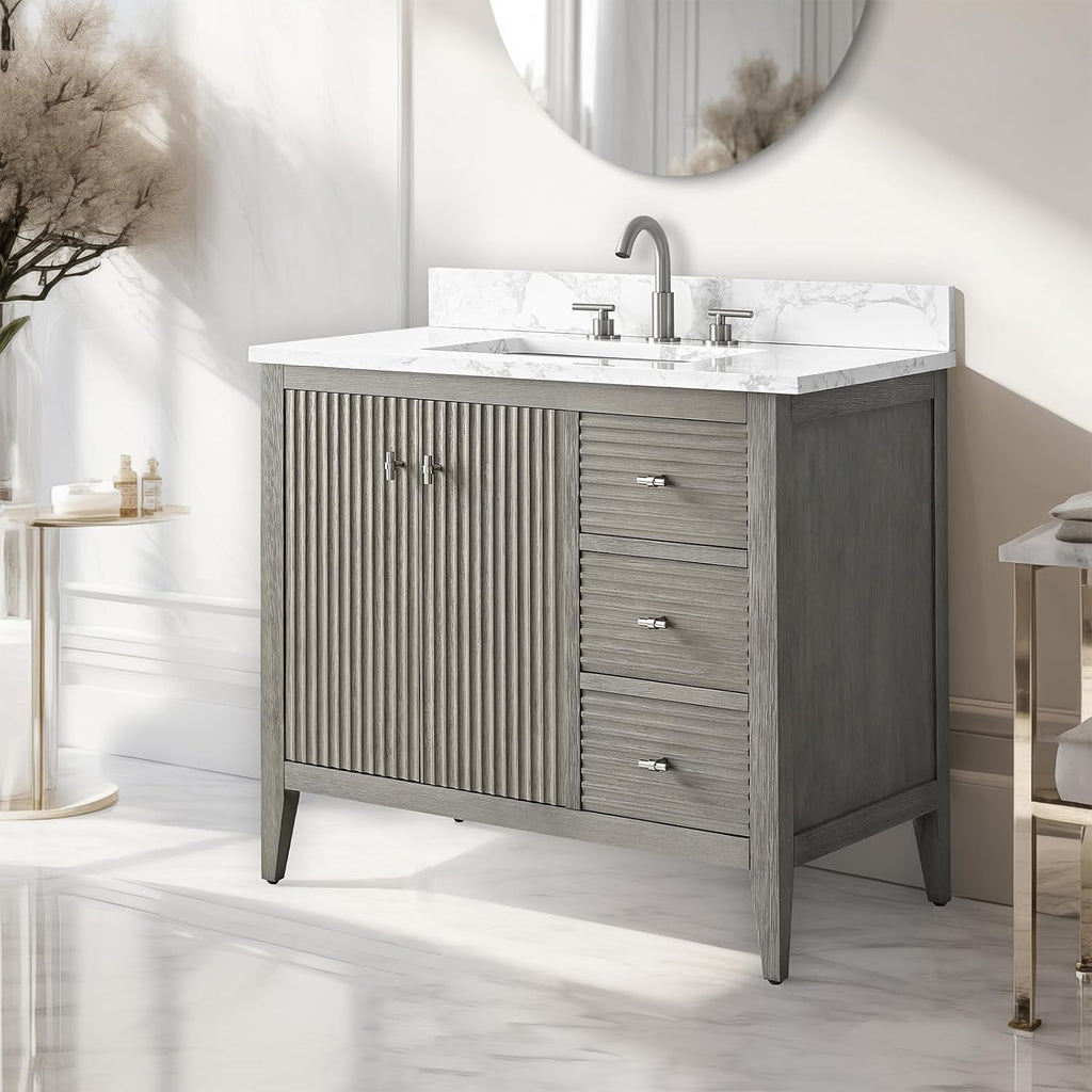 Vanity Art 36 inch Bathroom Vanity with Single Sink & Ceramic Top, Vanity Cabinet with Soft-Closing Door, Solid Wood Frame, Linear Pattern, Driftwood Gray, Golden Brushed Handware VA9136-DG-GB