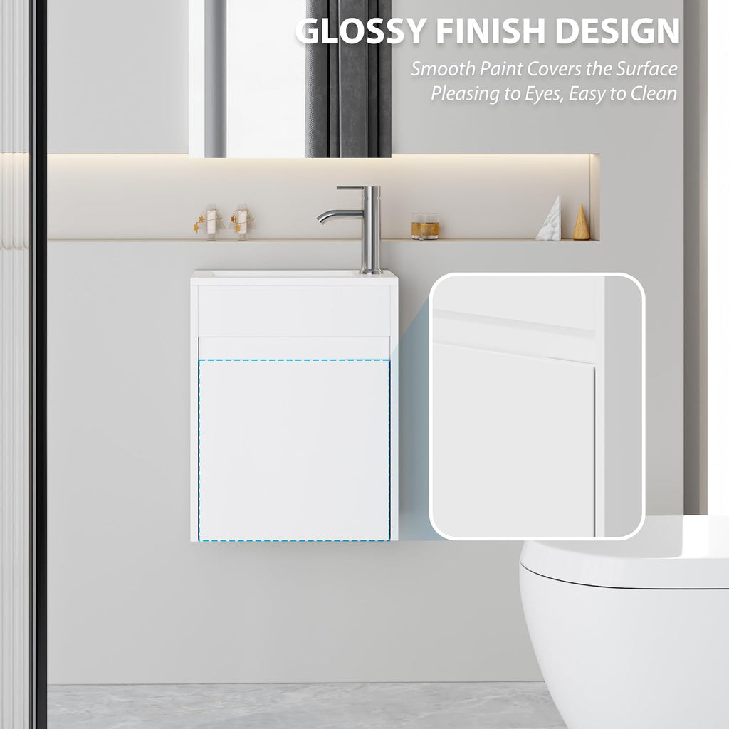 eclife 16' Small Bathroom Vanity Sink Combo, Modern Painted Wall Mounted Floating Cabinet W/Resin Basin Sink Top, Chrome Water Save Faucet & Pop Up Drain (White)