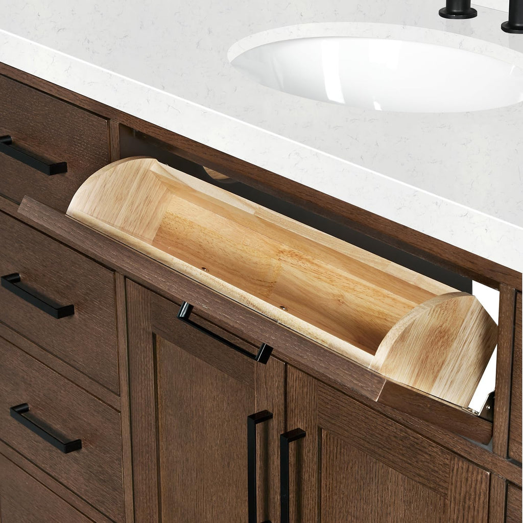 ARIEL Hepburn 72-inch Bathroom Vanity with Sink,Solid Wood, 1.5-inch Carrara White Quartz Countertop & Backsplash, Double Oval Porcelain Sink, 4 Soft Closing Doors, 6 Dovetail Drawers, Brown Oak
