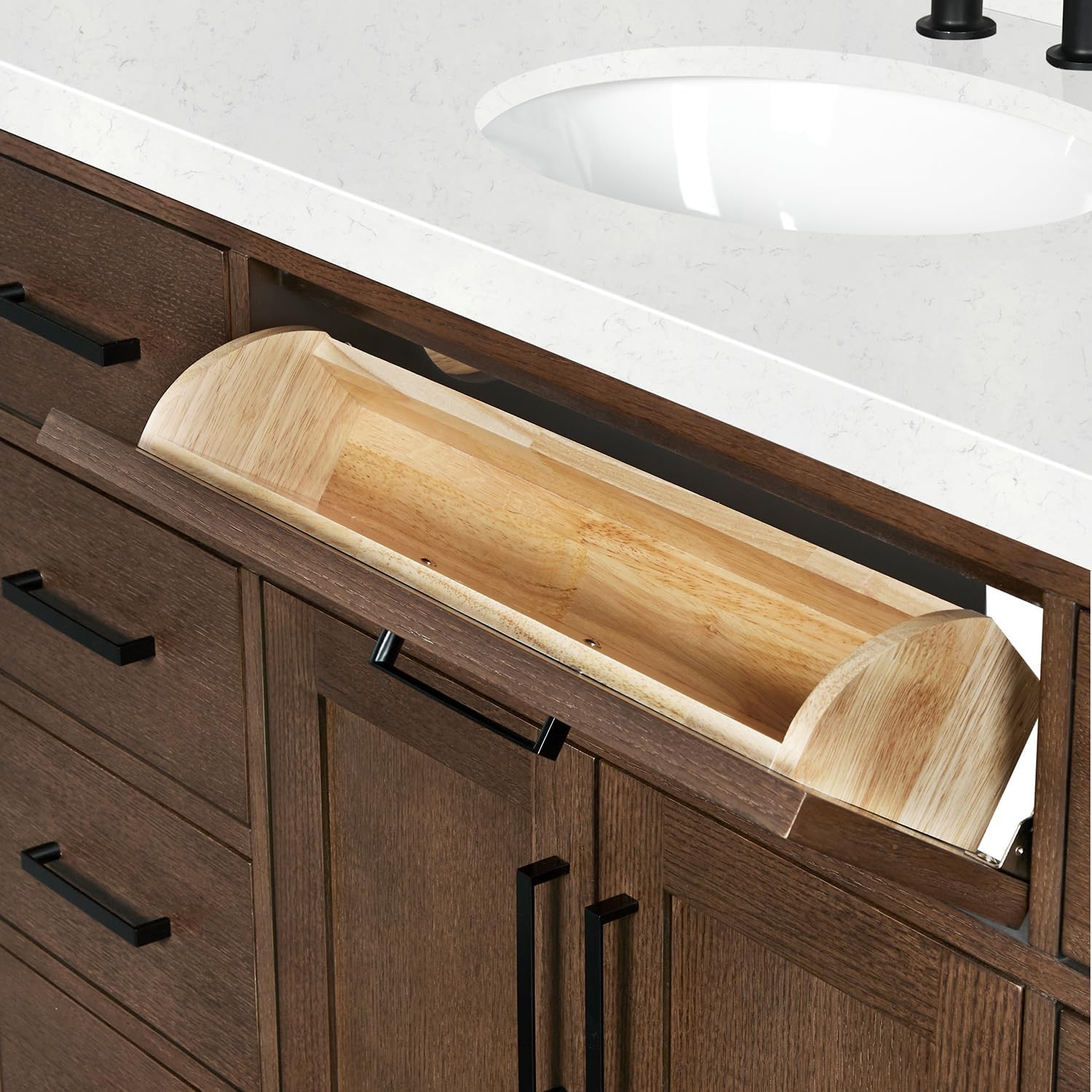 ARIEL Hepburn 72-inch Bathroom Vanity with Sink,Solid Wood, 1.5-inch Carrara White Quartz Countertop & Backsplash, Double Oval Porcelain Sink, 4 Soft Closing Doors, 6 Dovetail Drawers, Brown Oak