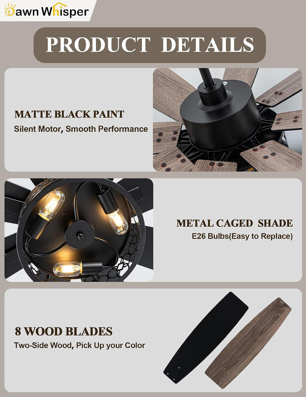 Dawn Whisper Farmhouse 72 Inch Ceiling Fans with Lights and Remote Quiet and Reversible DC Motor Black Industrial Rustic Caged Ceiling Fan for Bedroom Living Room Covered Patio