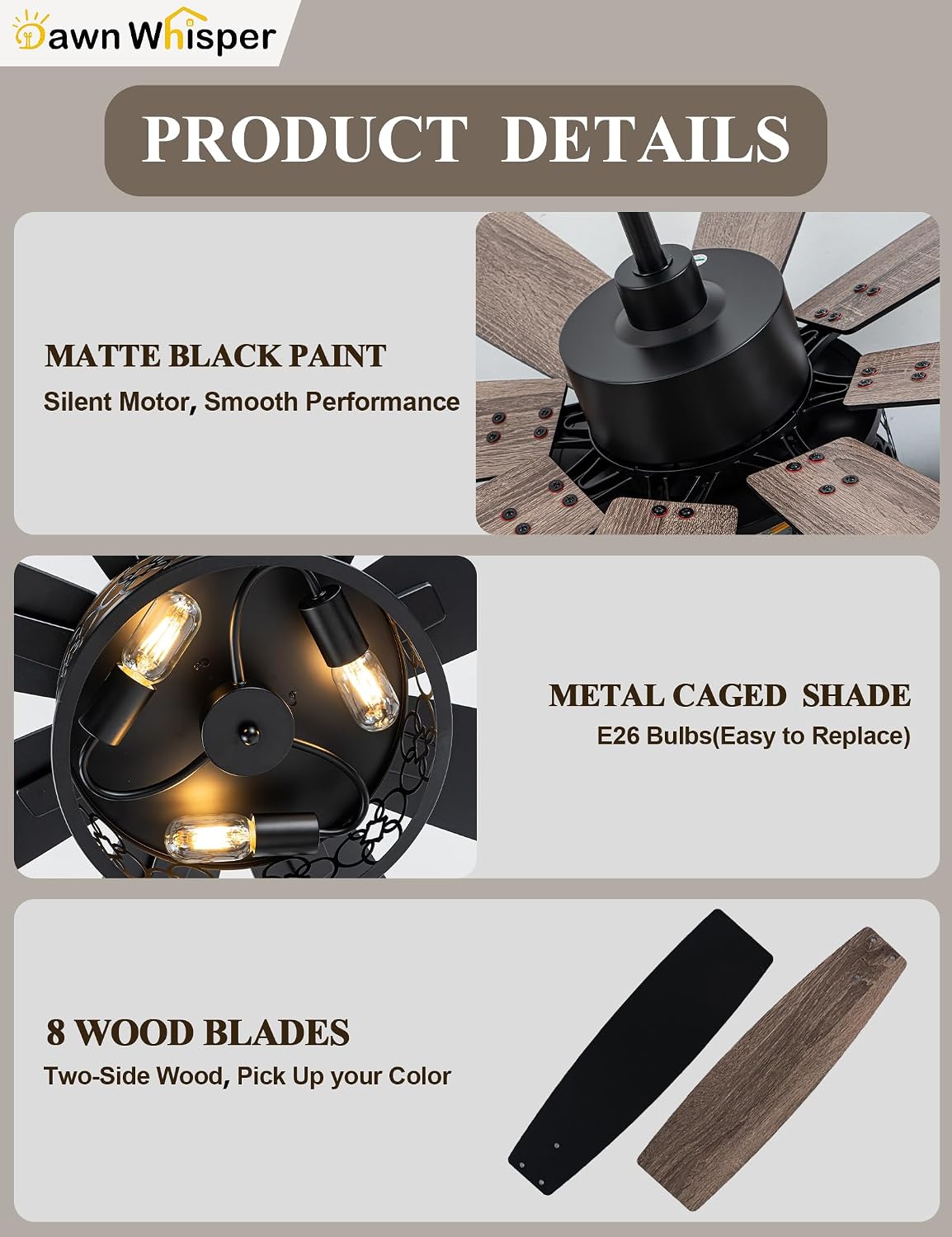 Dawn Whisper Farmhouse 72 Inch Ceiling Fans with Lights and Remote Quiet and Reversible DC Motor Black Industrial Rustic Caged Ceiling Fan for Bedroom Living Room Covered Patio