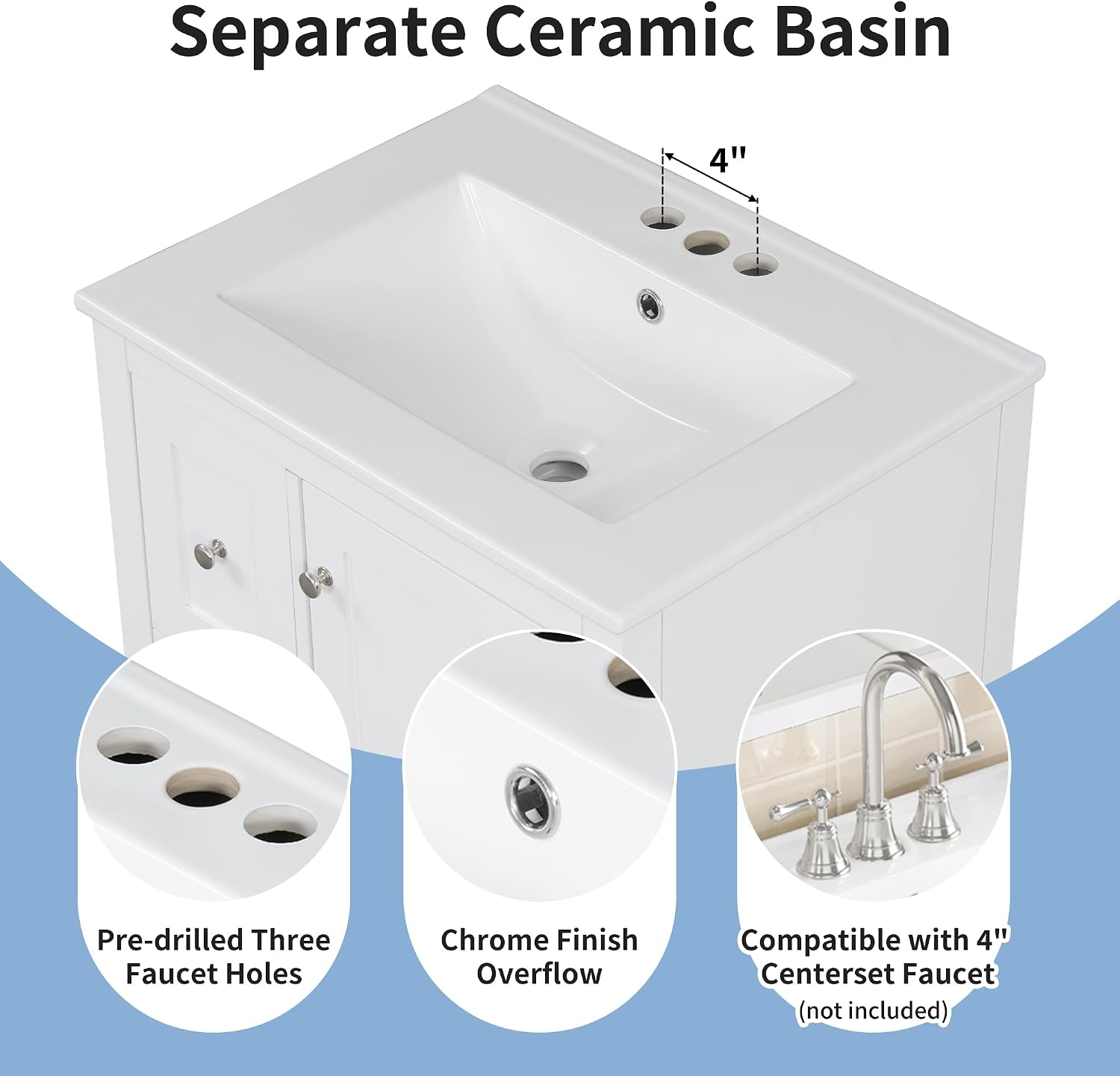 24' Bathroom Vanities with Undermount Ceramic Sink, Multi-Functional Storage Cabinet with Three Drawers and Adjustable Shelf, Soft-Closing Door, Solid Wood Legs, White