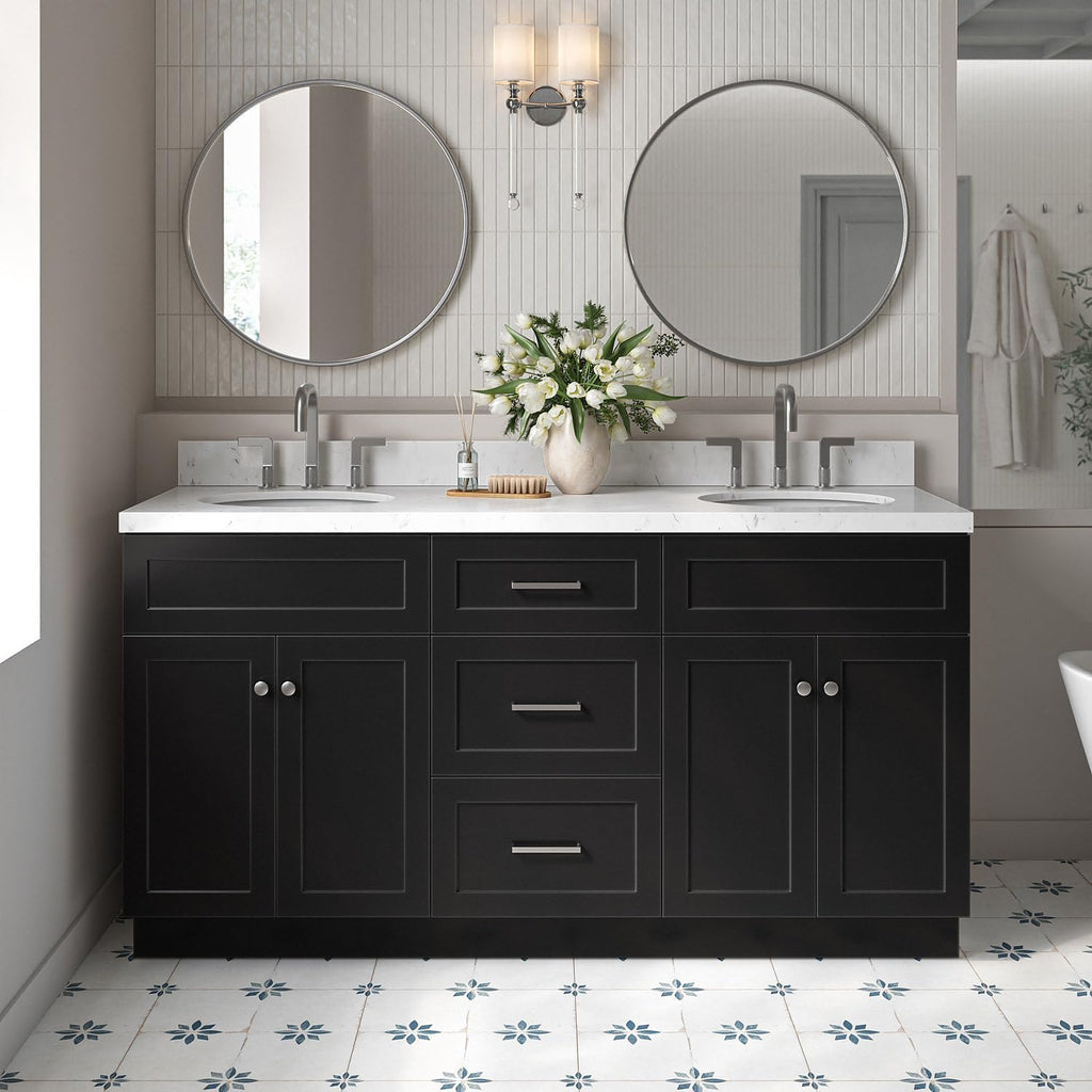 ARIEL Hamlet 66-inch Bathroom Vanity with Sink,Solid Wood, 1.5-inch Carrara White Quartz Countertop & Backsplash, Double Oval Porcelain Sink, 4 Soft Closing Doors, 3 Dovetail Drawers, Black