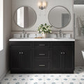 ARIEL Hamlet 66-inch Bathroom Vanity with Sink,Solid Wood, 1.5-inch Carrara White Quartz Countertop & Backsplash, Double Oval Porcelain Sink, 4 Soft Closing Doors, 3 Dovetail Drawers, Black