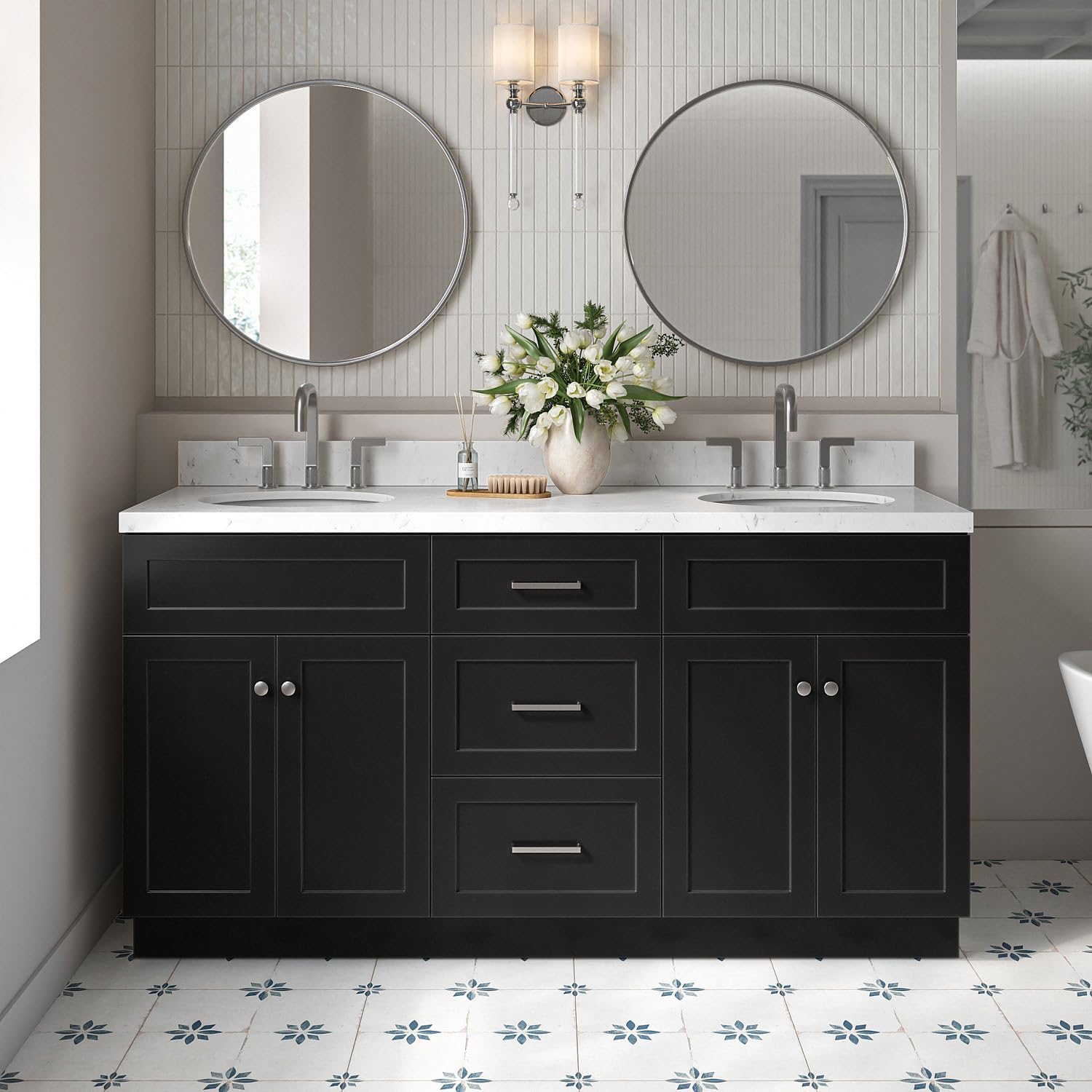 ARIEL Hamlet 66-inch Bathroom Vanity with Sink,Solid Wood, 1.5-inch Carrara White Quartz Countertop & Backsplash, Double Oval Porcelain Sink, 4 Soft Closing Doors, 3 Dovetail Drawers, Black