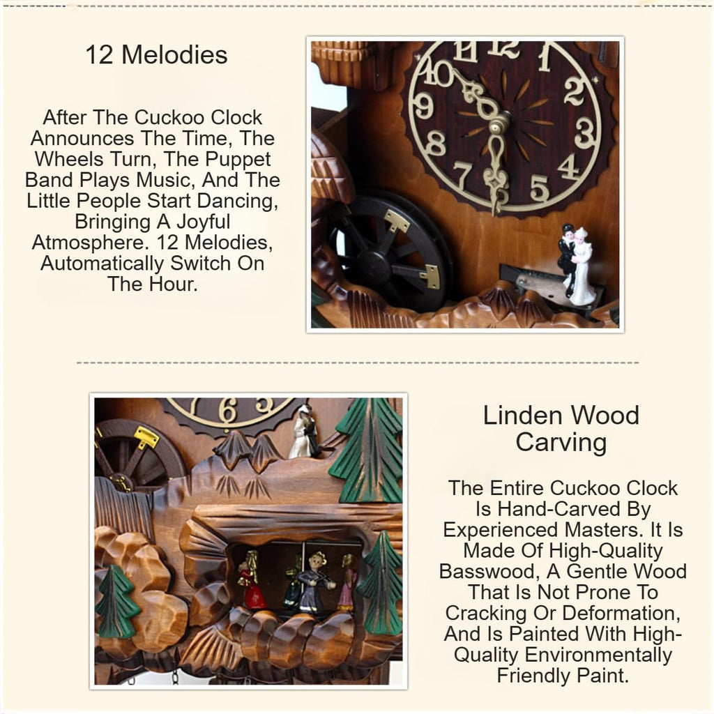 Hand-Carved Vintage Cuckoo Clock, 12 Melodies Handcrafted Quartz Chiming Clock, Wall Decor for Home, Office, Living Room, Unique Gift for All Occasions