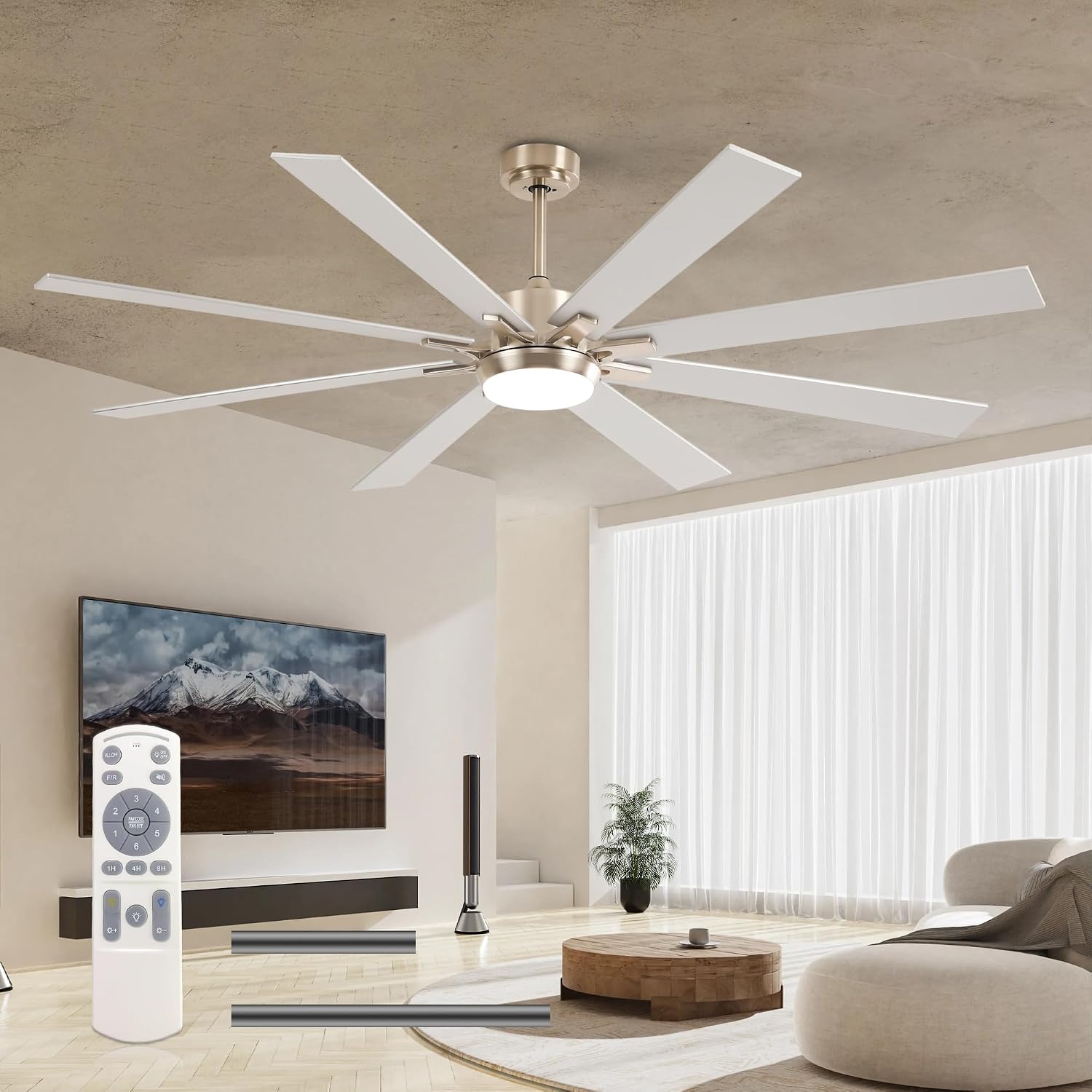 72 Inch Large Size With Light Kit & Remote Control 8 PCS Blades Ceiling Fan 3 Color Dimmable Led Dc Motor Reversible 6 Speed Quiet Remote Control Ceiling Fan For Living Room Bedroom Indoor Nickel