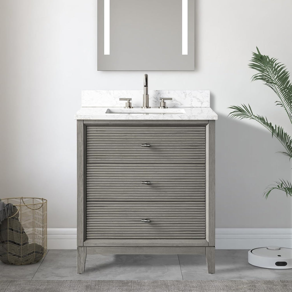 Vanity Art 30' Bathroom Vanity with Single Sink & Arabescato White Engineered Stone Top, Vanity Cabinet with Soft Closing Door, Solid Wood Frame, Brushed Nickel Handles, Driftwood Gray VA8130-DG-BN