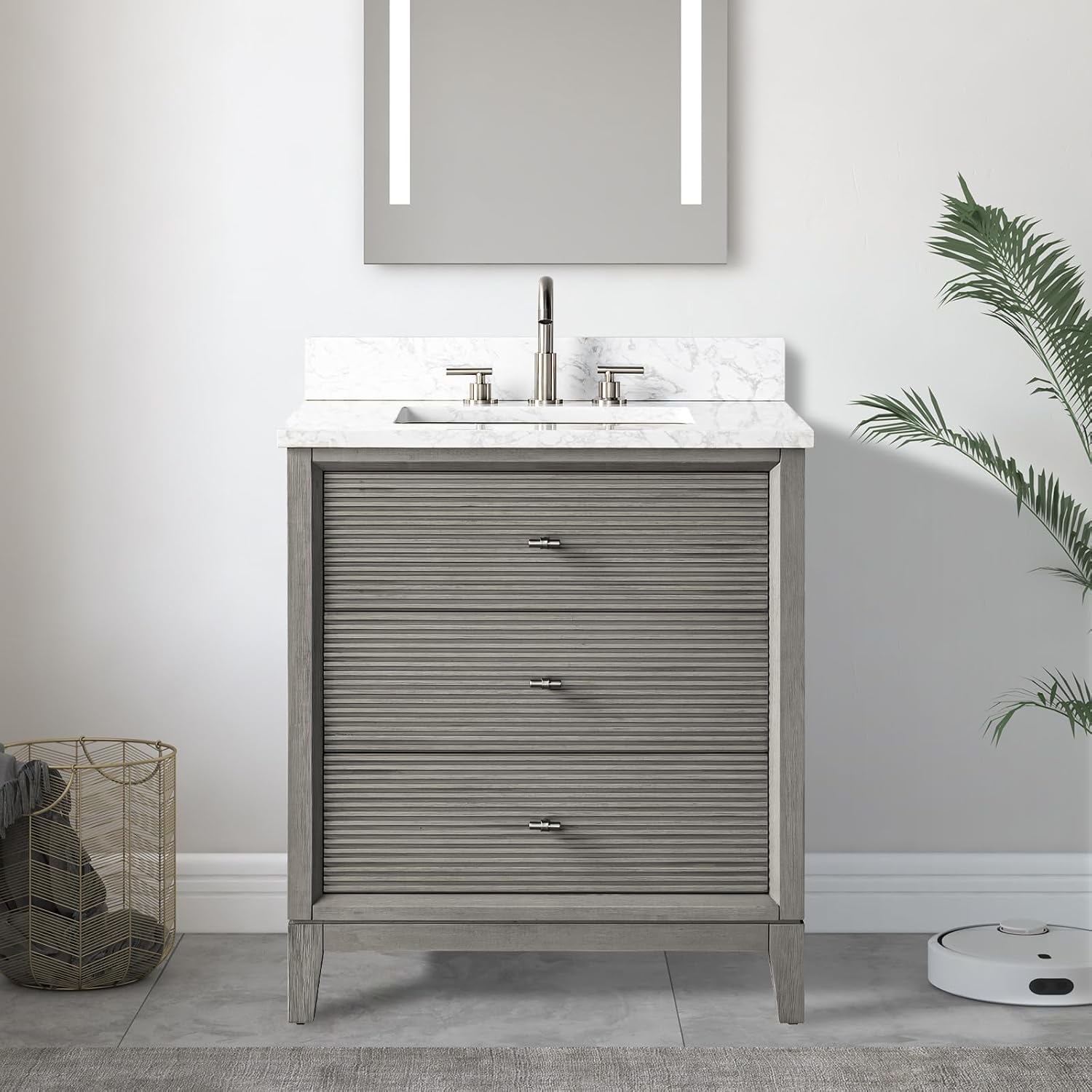 Vanity Art 30' Bathroom Vanity with Single Sink & Arabescato White Engineered Stone Top, Vanity Cabinet with Soft Closing Door, Solid Wood Frame, Brushed Nickel Handles, Driftwood Gray VA8130-DG-BN