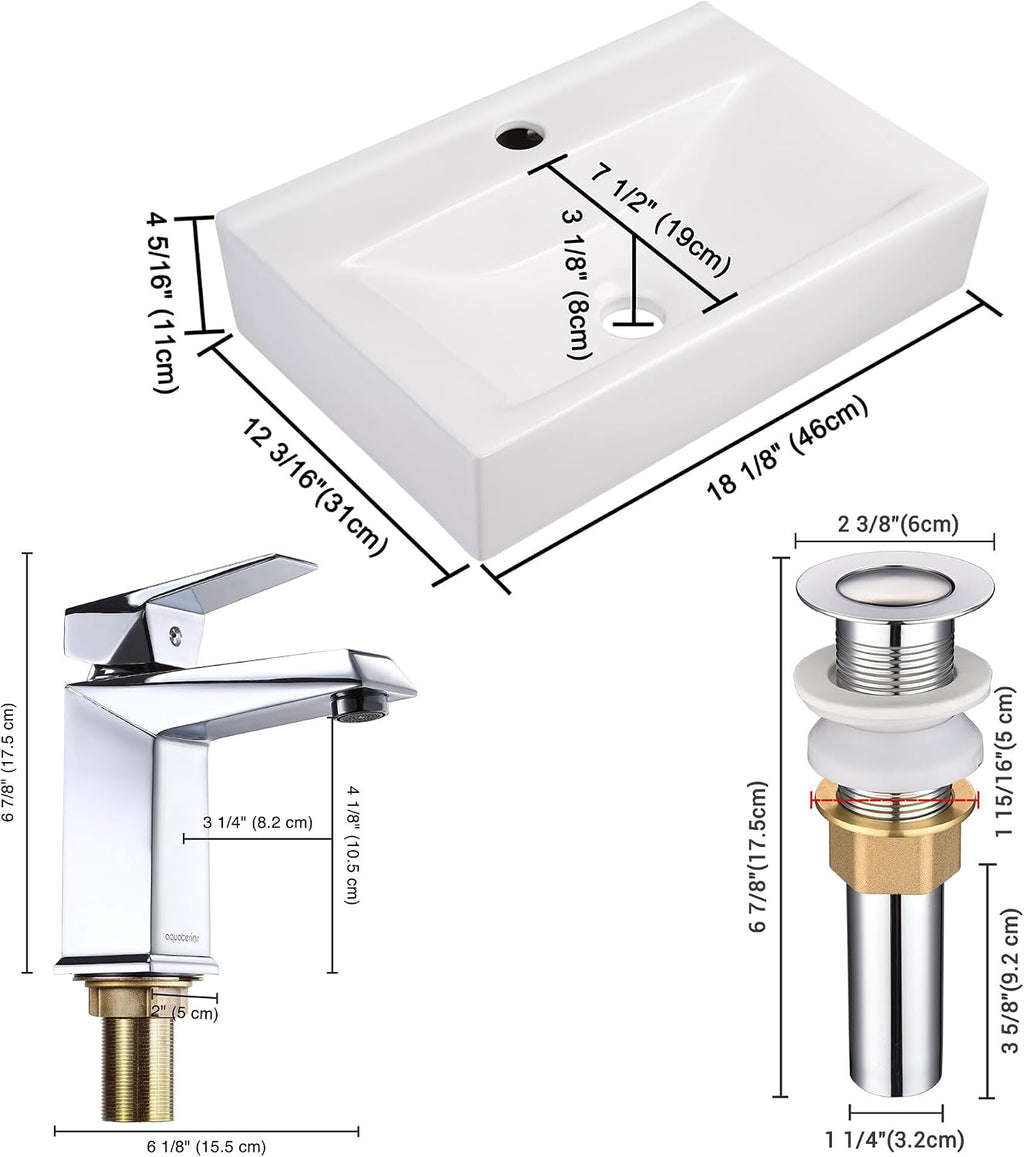 Aquaterior Rectangle Bathroom Vessel Sink Porcelain with Single Handle Faucet Pop-up Drain Combo White Vanity Sink Above Counter Modern for Lavatory Hotel Basin Home Washing Basin