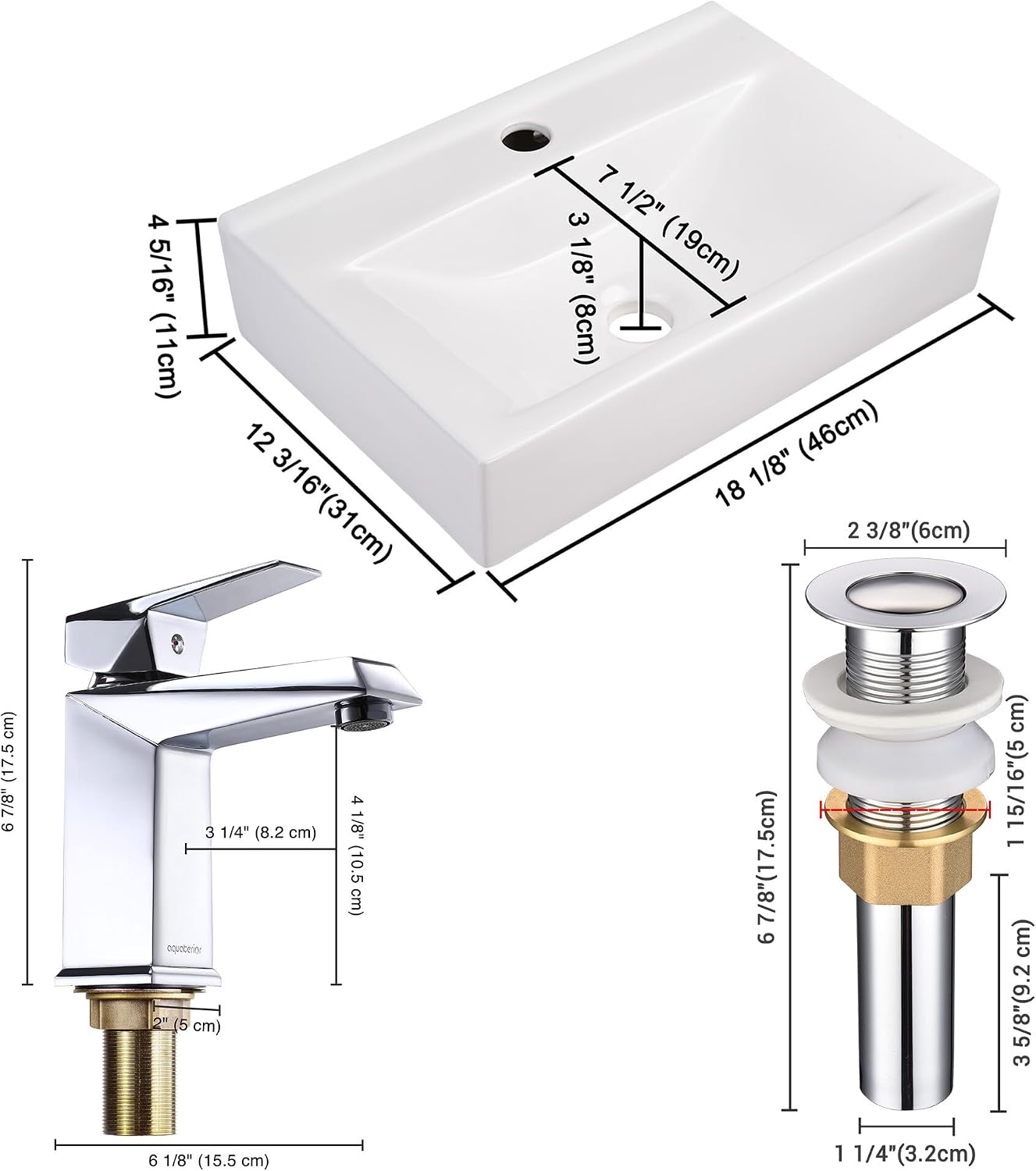Aquaterior Rectangle Bathroom Vessel Sink Porcelain with Single Handle Faucet Pop-up Drain Combo White Vanity Sink Above Counter Modern for Lavatory Hotel Basin Home Washing Basin