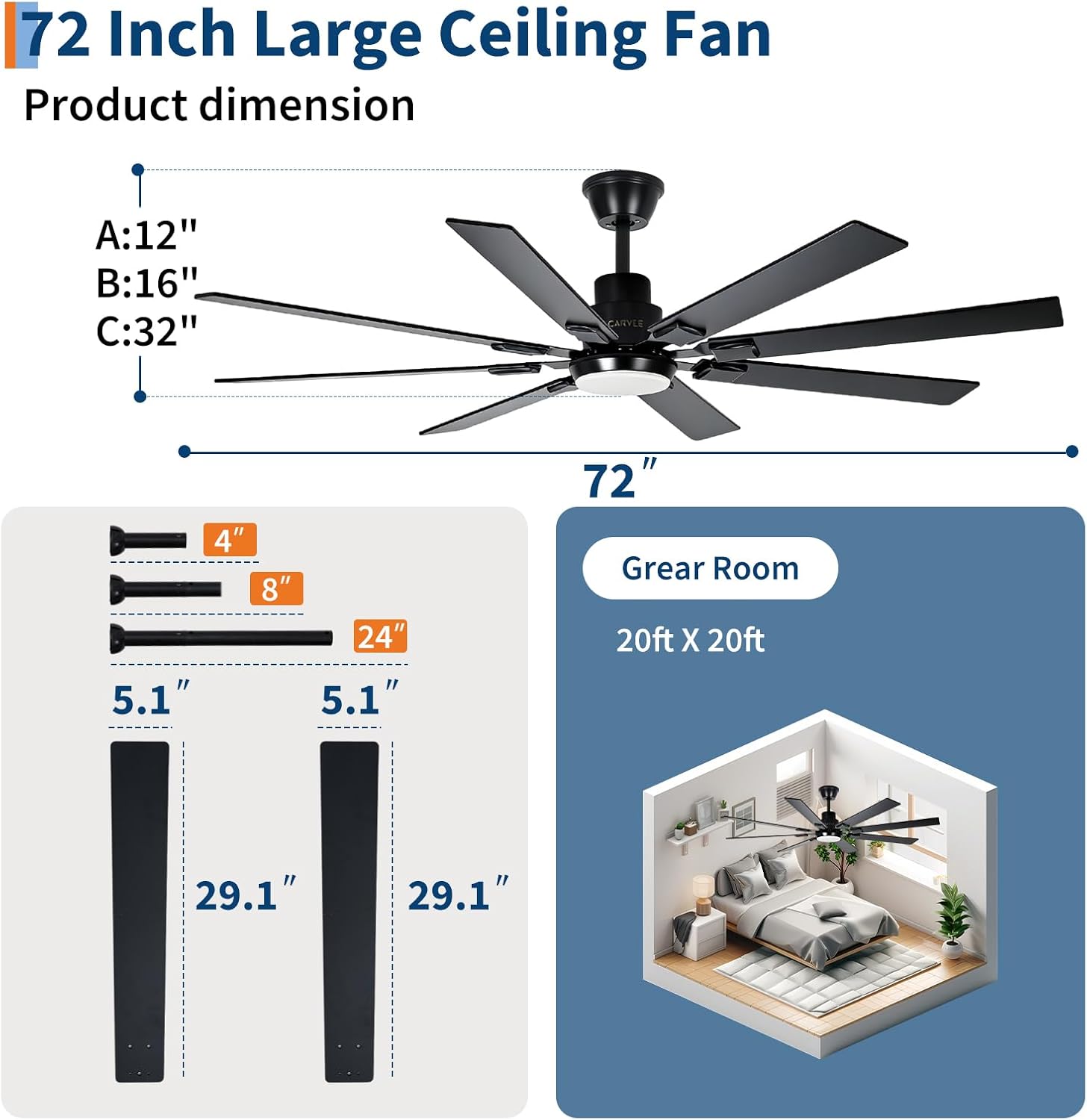 GarveeHome Modern Living Room Ceiling Fans with Lights, 72 Inch Ceiling Fan with Light and Remote,8 Blades 6 Speed Reversible Quiet DC Motor for Bedroom Living Room Library Cafe Outdoor/Industrial