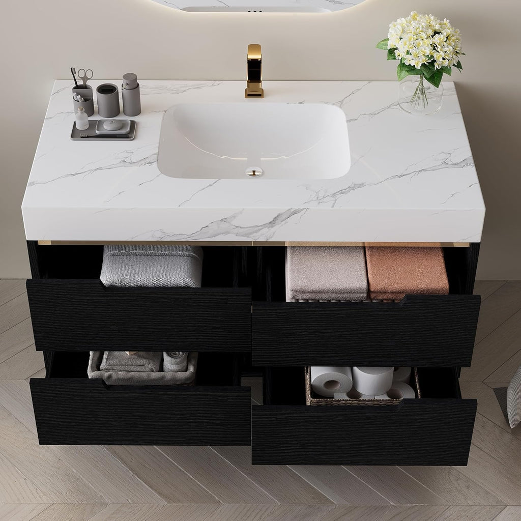 36' Bathroom Vanity with Undermount Sink Set, Modern 2-in-1 Wall Mounted & Freestanding Bathroom Vanity Cabinet with Sintered Stone top&4 Storage Drawers, Single Bathroom Sink Cabinet