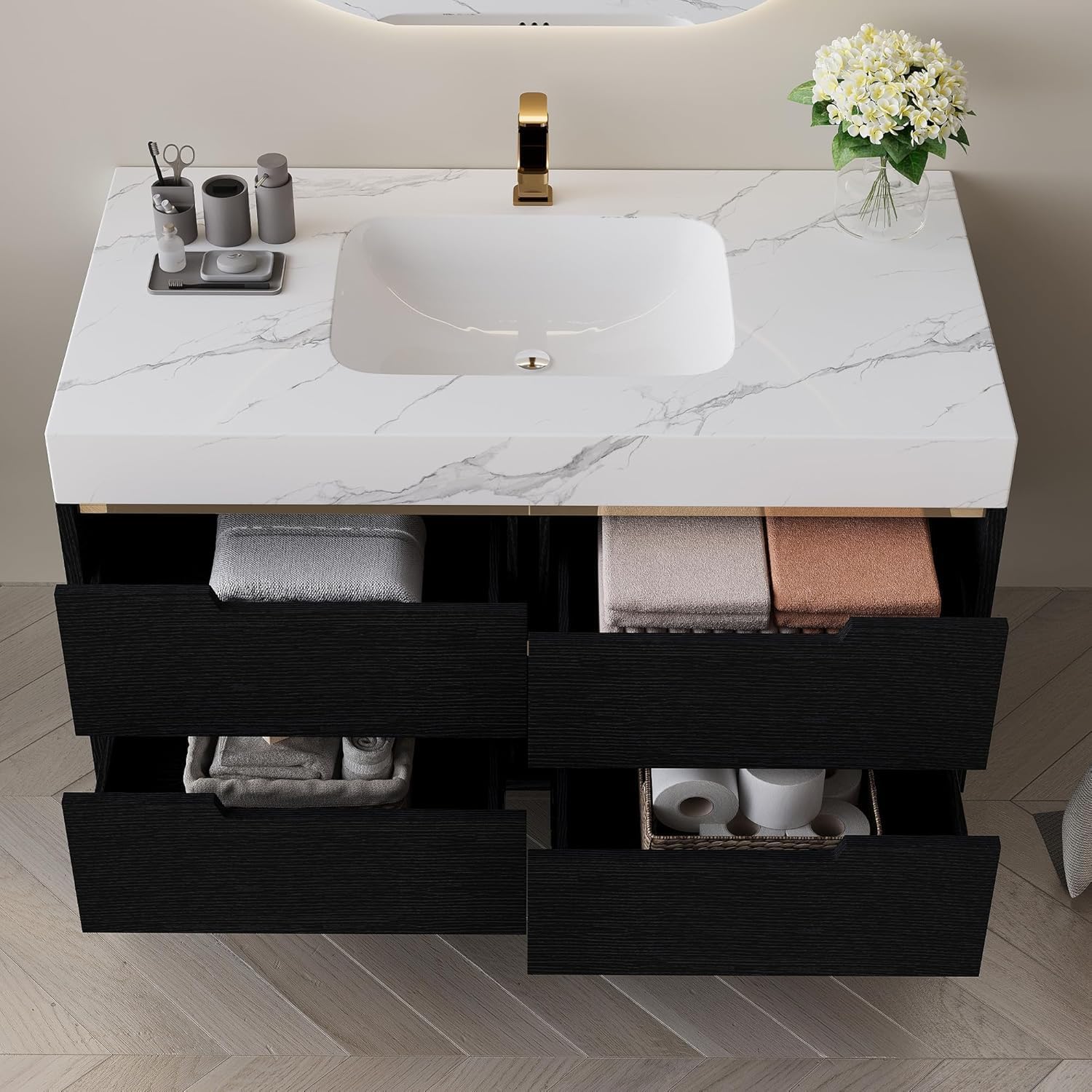 36' Bathroom Vanity with Undermount Sink Set, Modern 2-in-1 Wall Mounted & Freestanding Bathroom Vanity Cabinet with Sintered Stone top&4 Storage Drawers, Single Bathroom Sink Cabinet