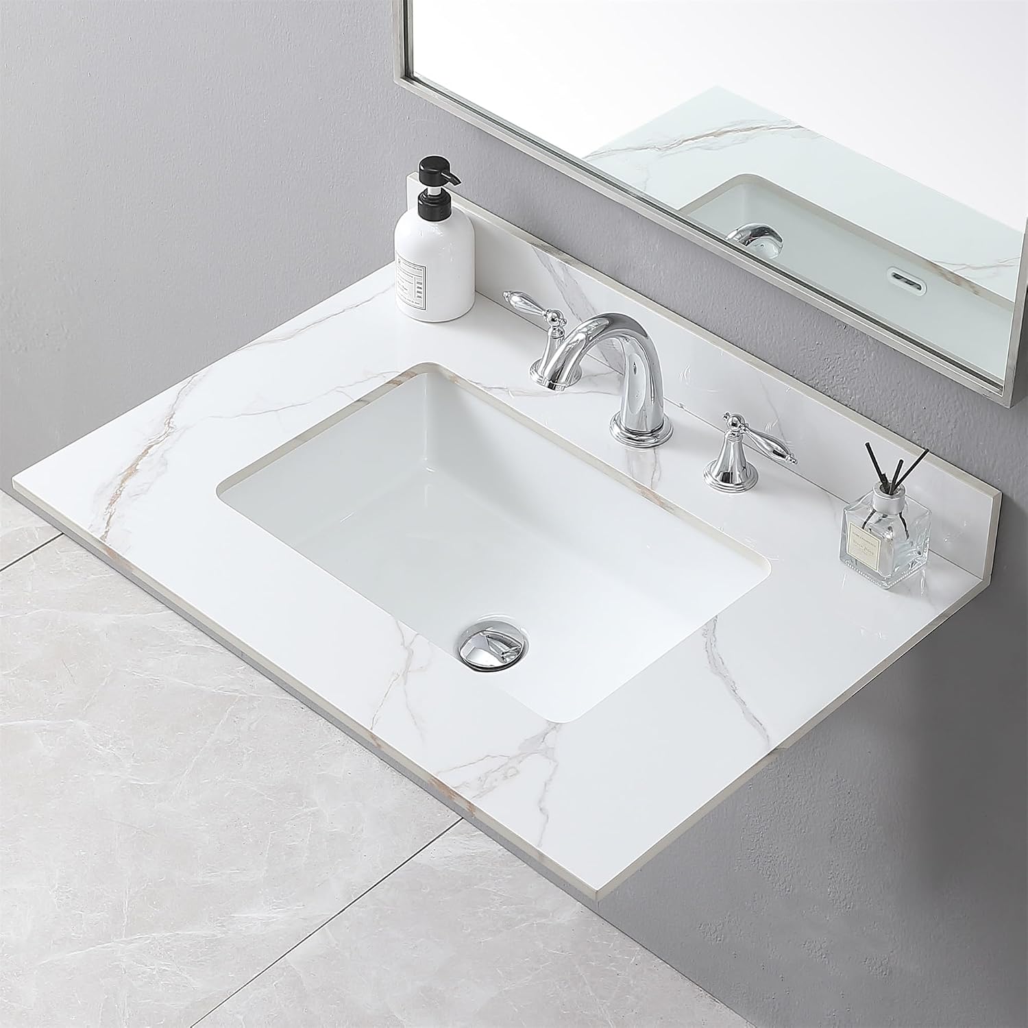 31' Bathroom Vanity Top with Ceramic Undermount Sink & Backsplash,Carrara Gold Sintered Stone Counter Top, 3 Holes Vanity Sink Top