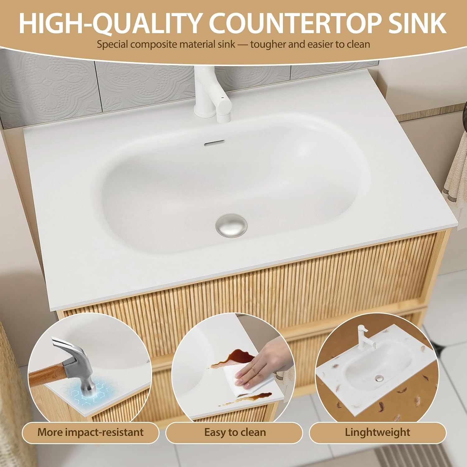 24' Japandi Floating Bathroom Vanity with Sink, Pre-Assembled Japandi Bathroom Sink Vanity, Wall Mounted with Integrated Stone Top and 2 Soft Close Drawers
