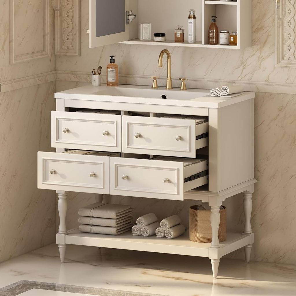 Virubi 36'' Bathroom Vanity with Single Sink, Freestanding Sink Cabinet with 4 Drawers and Open Shelf, Solid Wood Frame Bathroom Storage Cabinet