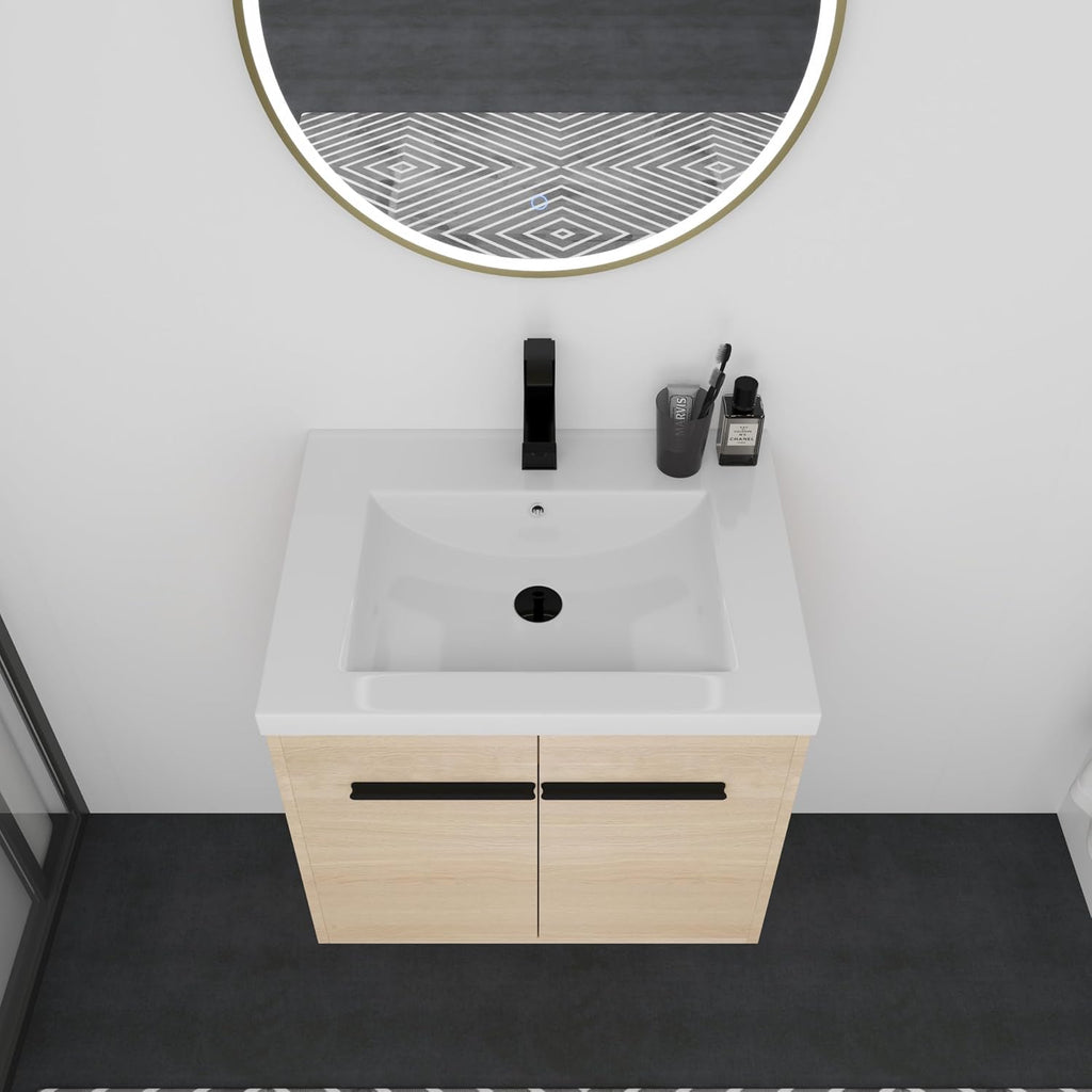 Floating Vanity Bathroom, 24 Inch Bathroom Vanity with Sink, Wall Mounted Single Sink Bathroom Vanity, Soft Closed Doors, Integrated Sink, Engineered Wood (Oak)