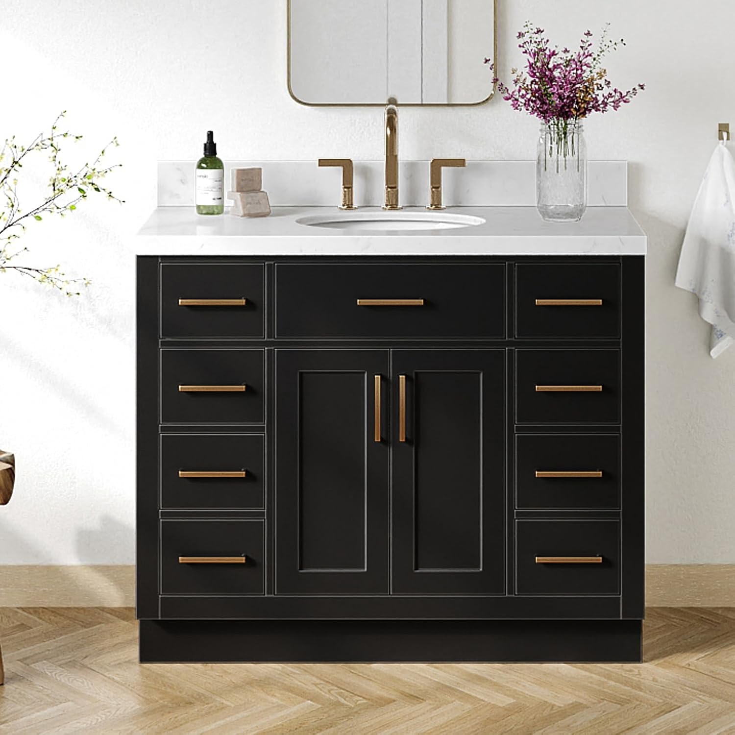 DKB Isabella 42-Inch Black Bathroom Vanity with Sink, 1.5-Inch Mitered Carrara White Quartz Countertop & 4-Inch Backsplash, Oval Sink, Solid Wood Frame, Soft-Close Drawer, Modern Hardware