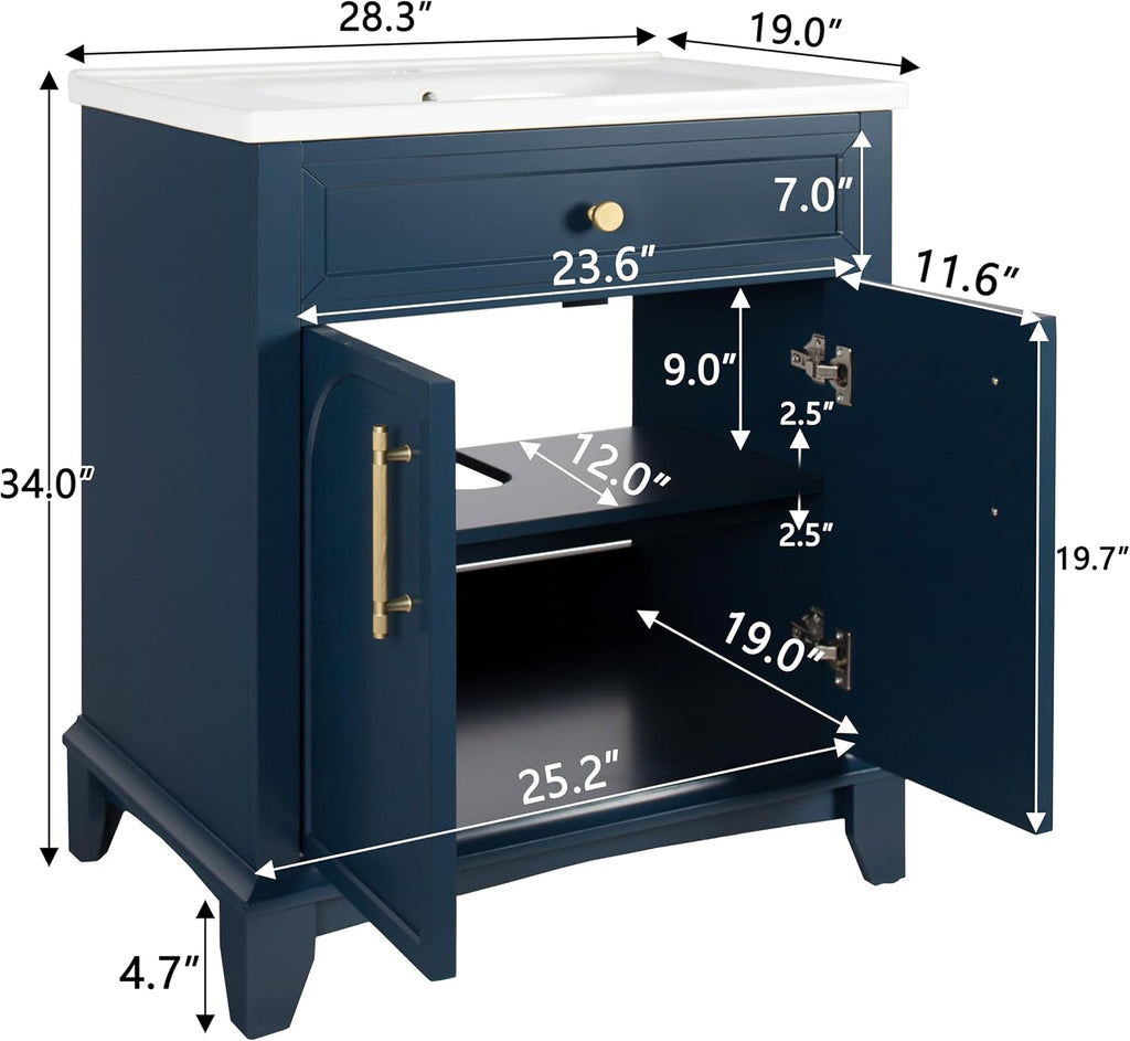 28 inch Bathroom Vanity with Sink Combo, Mid Century Modern Freestanding Bathroom Cabinet with Integrated Ceramic Sink, 2 Soft Closed Doors, Adjustable Shelves, Golden Handle, Blue