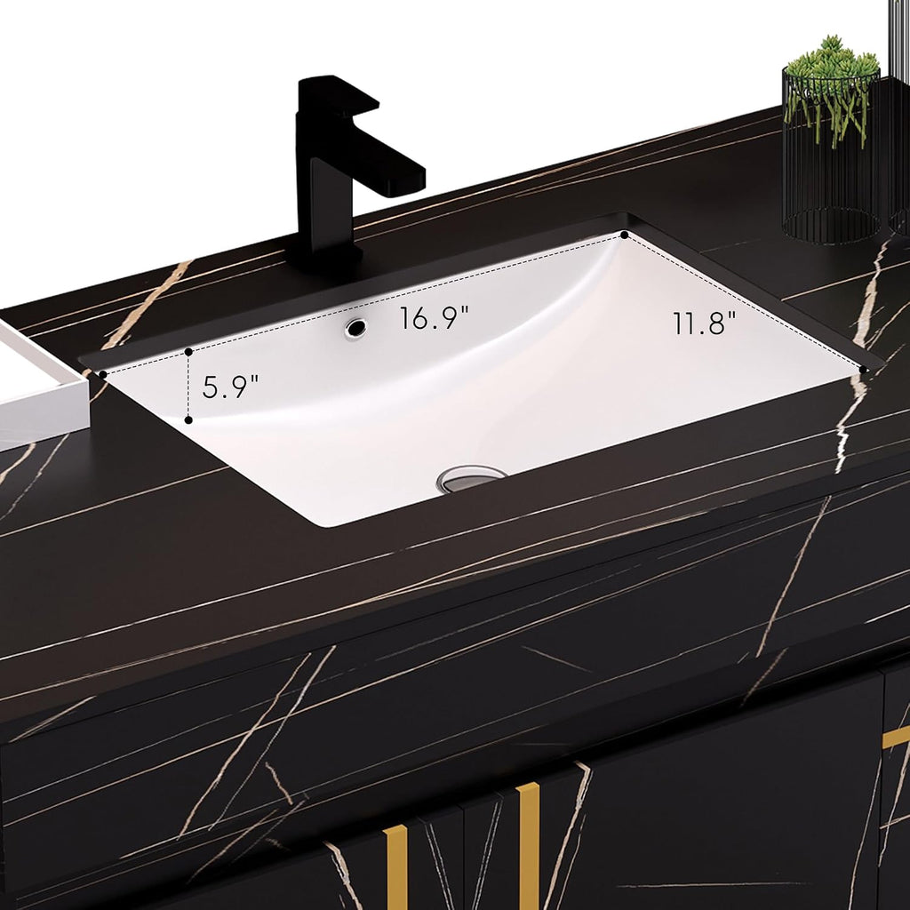 36 inch Bathroom Vanity with Ceramic Sink and Sinter Stone Marble Counter Top Modern Black Wall Mounted Floating Bathroom Sink Cabinet with 2 Drawers, 1 Cupboard and Gold Metal