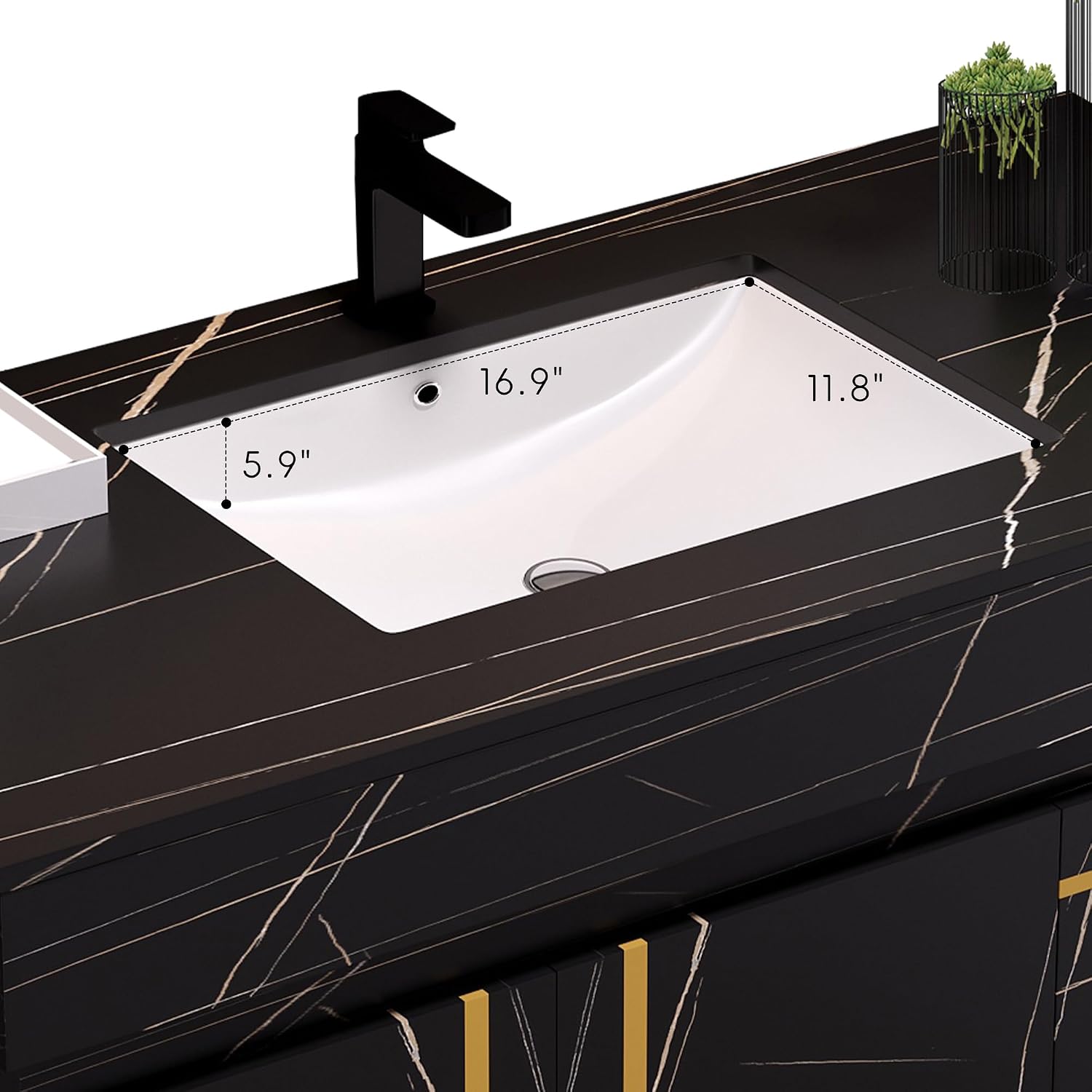 36 inch Bathroom Vanity with Ceramic Sink and Sinter Stone Marble Counter Top Modern Black Wall Mounted Floating Bathroom Sink Cabinet with 2 Drawers, 1 Cupboard and Gold Metal