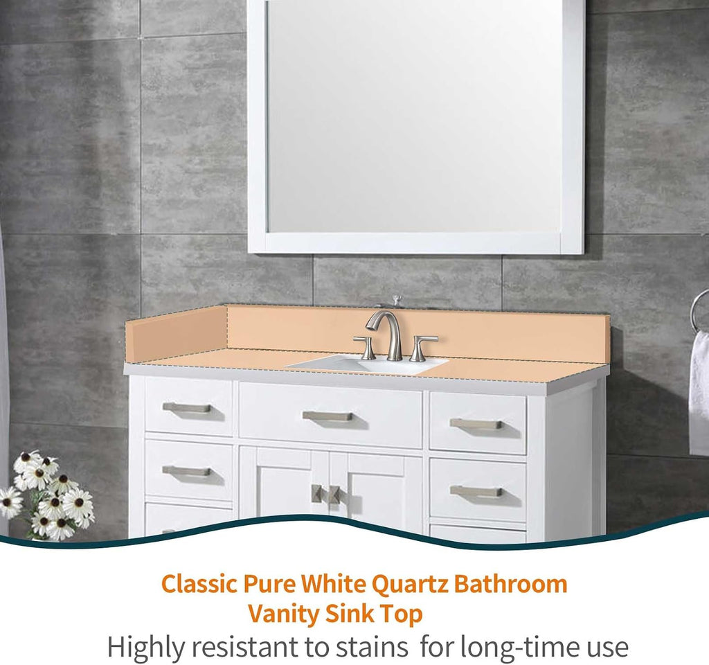 42' x 22' Vanity Top, Quartz Vanity Sink Top in Pure White, with One Sidesplash & One Backsplash, with Undermounted Sink,8 Inch Faucet Hole Spread for Vanity Top with Sink