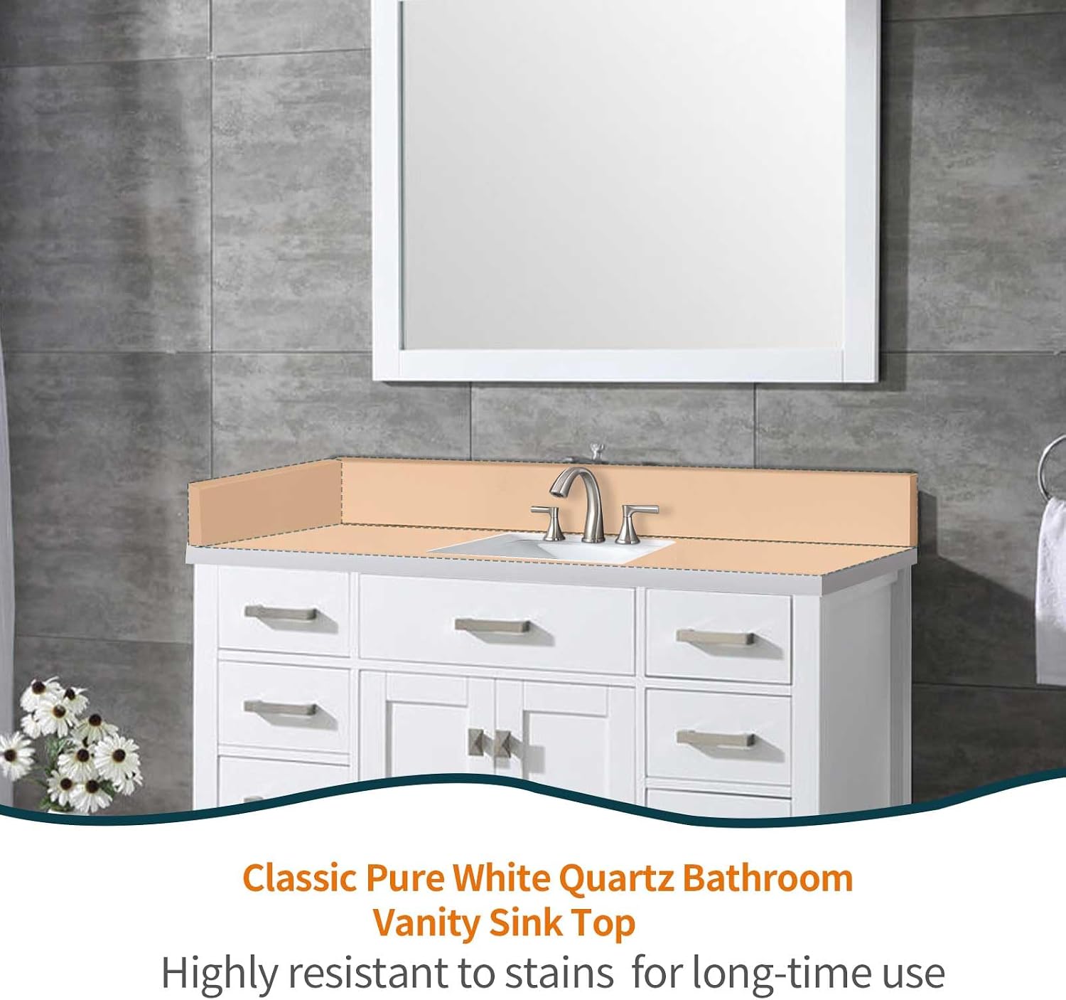 42' x 22' Vanity Top, Quartz Vanity Sink Top in Pure White, with One Sidesplash & One Backsplash, with Undermounted Sink,8 Inch Faucet Hole Spread for Vanity Top with Sink