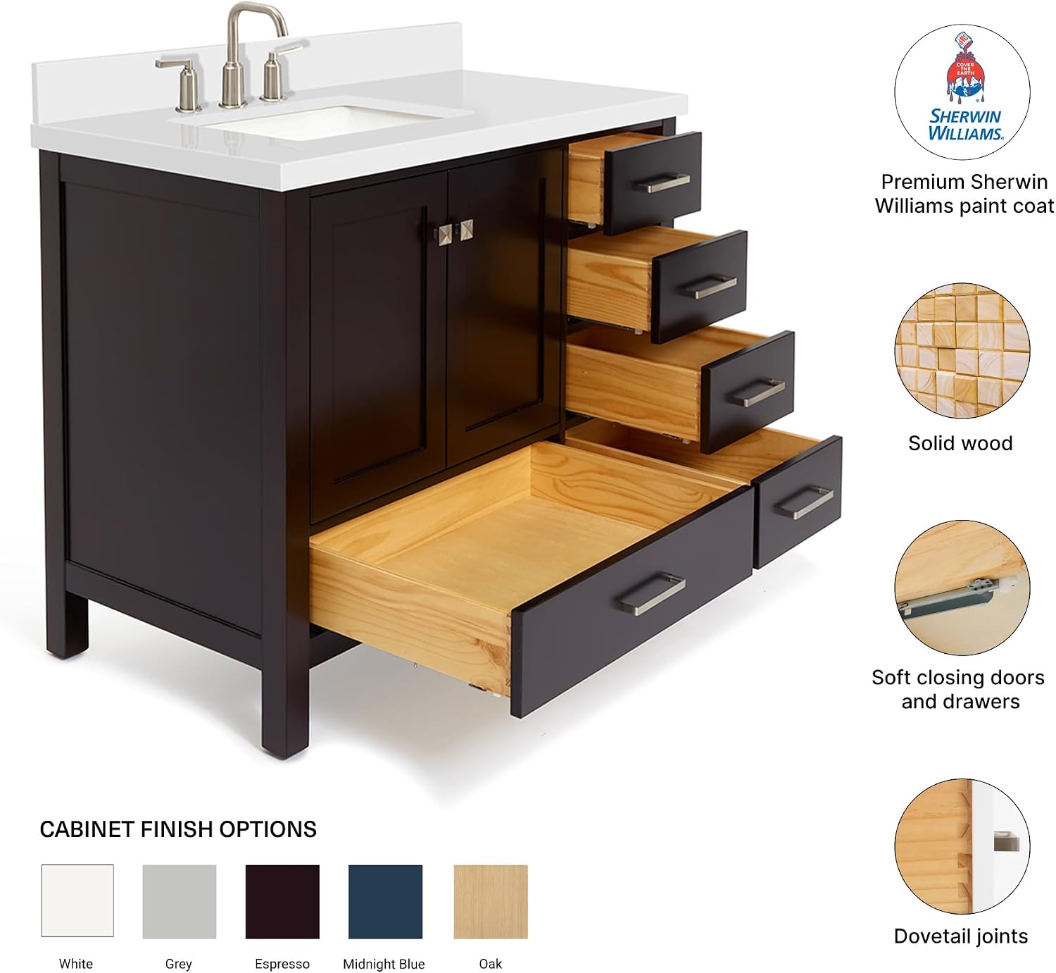 DKB Beckford 42-Inch Espresso Bathroom Vanity with Sink, Solid Wood Frame, Pure White Quartz Countertop 1.5' Edge, Left Rectangular Undermount Sink, 2 Soft Closing Doors, 5 Full Extension Drawers