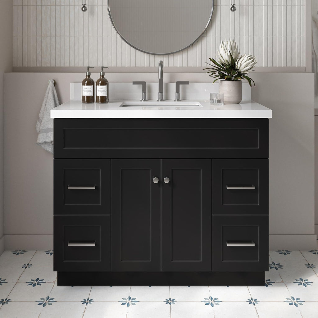 ARIEL Hamlet 42-inch Bathroom Vanity with Sink,Solid Wood, 1.5-inch Pure White Quartz Countertop & Backsplash, Single Rectangular Porcelain Sink, 2 Soft Closing Doors, 4 Dovetail Drawers, Black