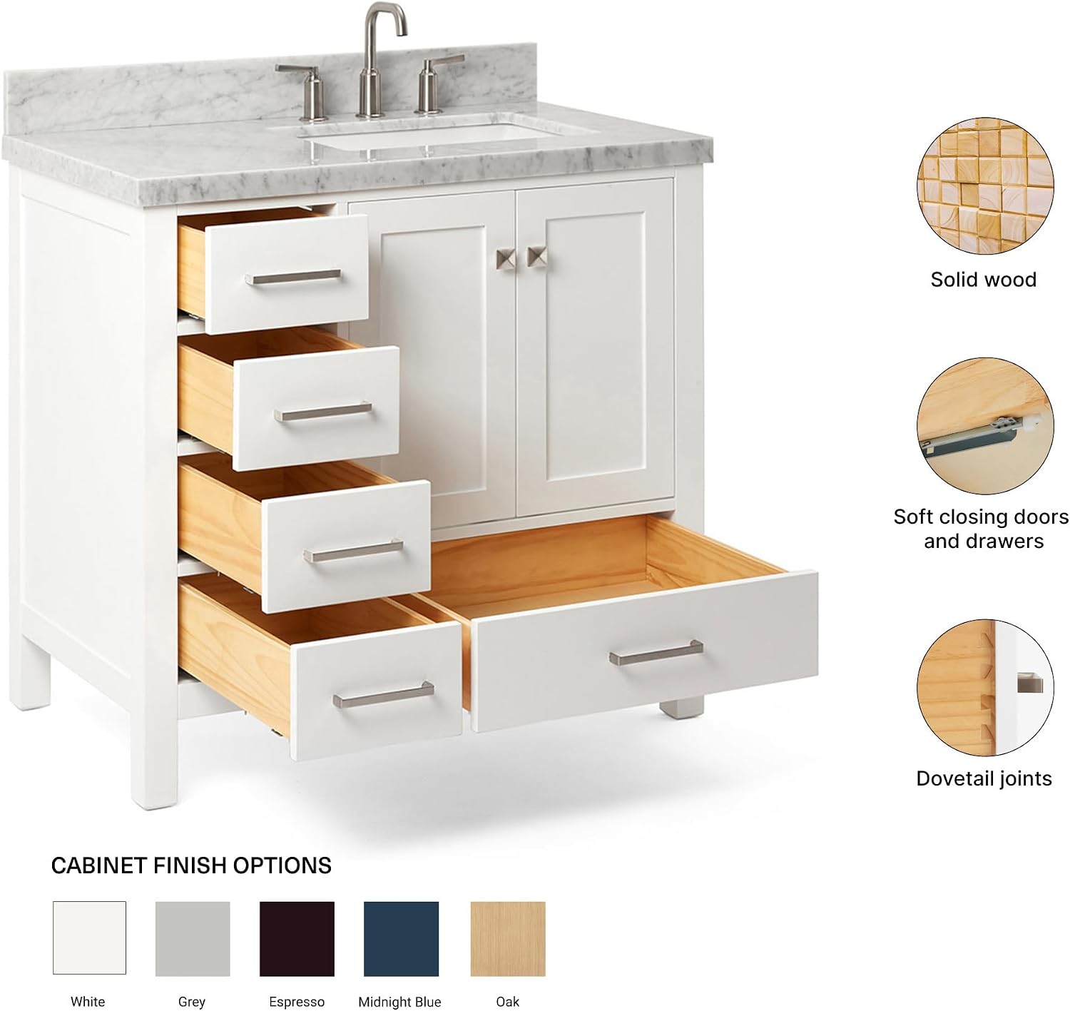 ARIEL Cambridge 36-inch Bathroom Vanity with Sink,Solid Wood, 1.5-inch Italian Carrara Marble Countertop, Single Rectangular Porcelain Sink, 2 Soft Closing Doors, 5 Dovetail Drawers, White