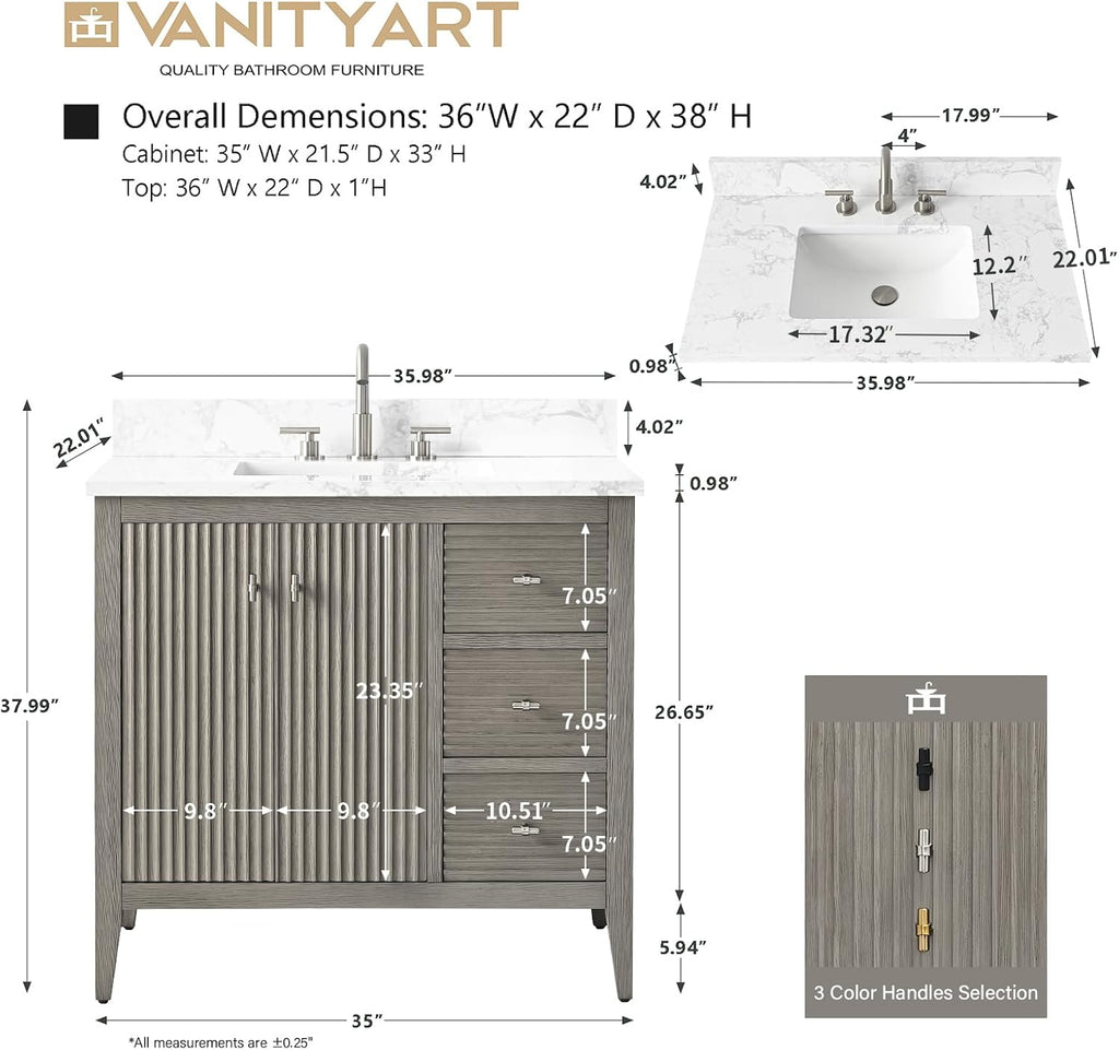 Vanity Art 36 inch Bathroom Vanity with Single Sink & Ceramic Top, Vanity Cabinet with Soft-Closing Door, Solid Wood Frame, Linear Pattern, Driftwood Gray, Golden Brushed Handware VA9136-DG-GB