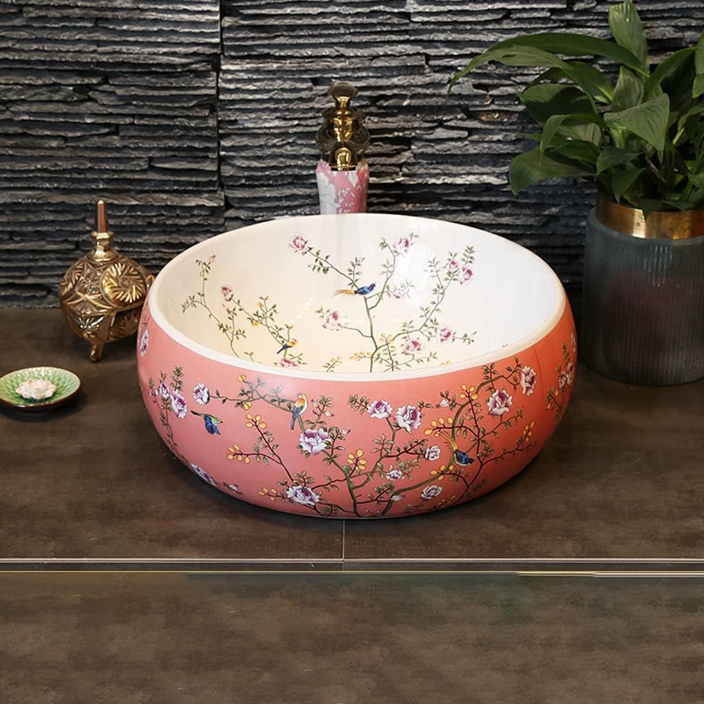 Bathroom Bar Vanity Vessel Sinks Above Counter Vanity Sink Tops Chinese Ceramic Lowes Bathroom Vanities Individual Flower and Bird Art Basin,42 * 15Cm,Pinkset,42 * 15cm