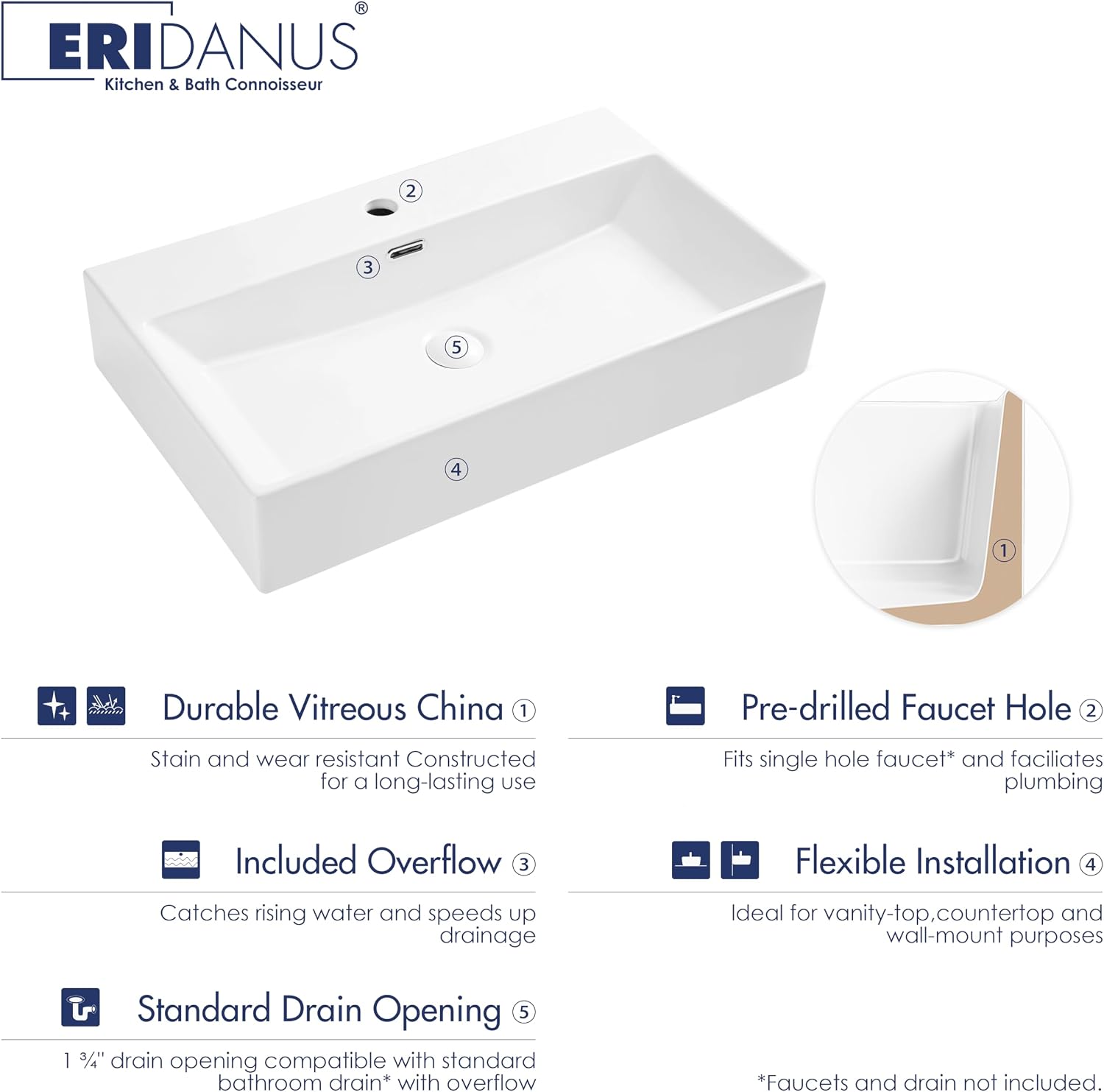Eridanus Bathroom Sink 30' x 16' Rectangular Vessel Sink, Wall Mount Above Counter Vanity Sink, Premium Ceramic White Art Basin with Overflow, Lavatory Trough Floating Washbasin