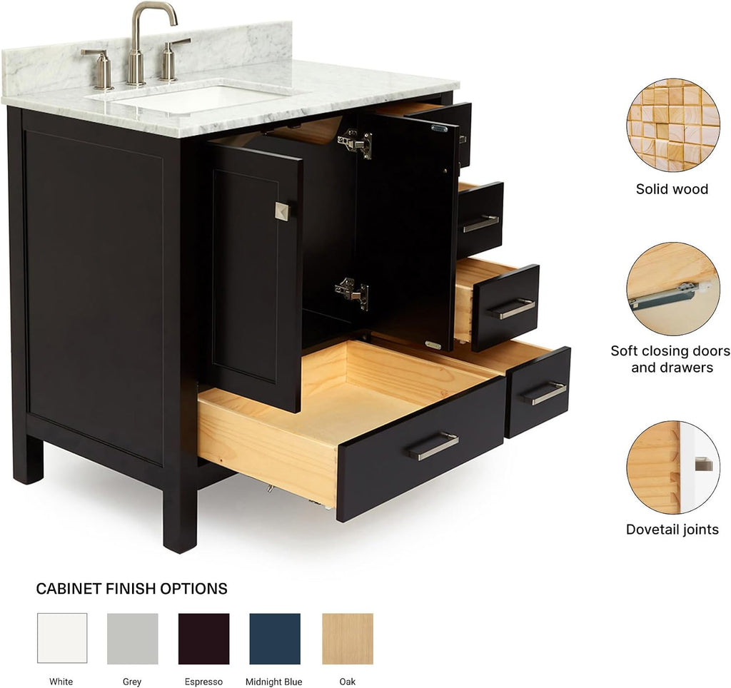 ARIEL Cambridge 36-inch Bathroom Vanity with Sink,Solid Wood, 0.75-inch Italian Carrara Marble Countertop, Single Rectangular Porcelain Sink, 2 Soft Closing Doors, 5 Dovetail Drawers, Espresso