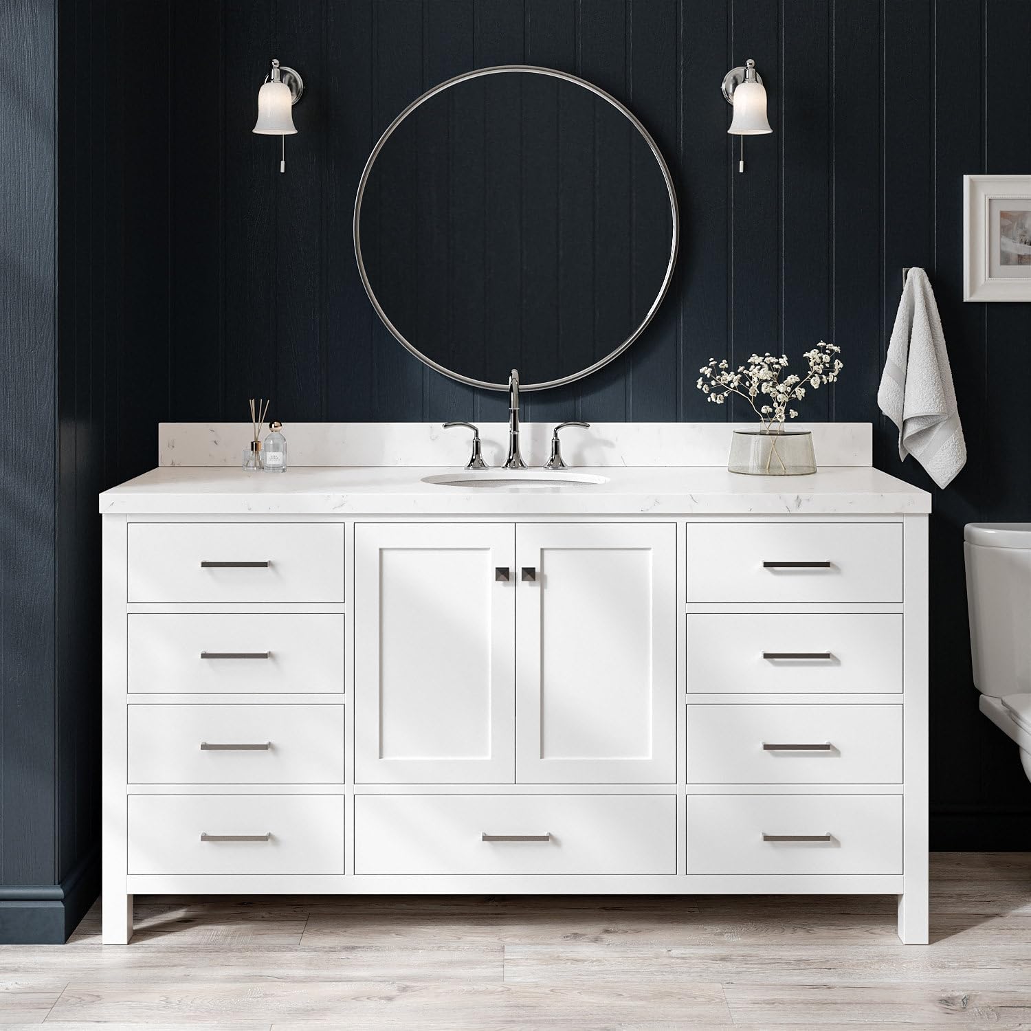 ARIEL Cambridge 66-inch Bathroom Vanity with Sink,Solid Wood, 1.5-inch Carrara White Quartz Countertop & Backsplash, Single Oval Porcelain Sink, 2 Soft Closing Doors, 9 Dovetail Drawers, White