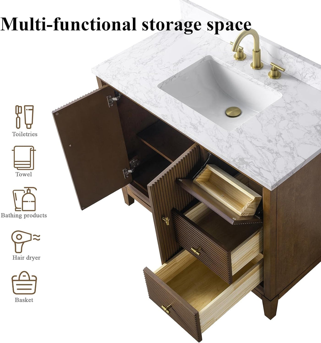 HOMEBEYOND 42' Bathroom Vanity with Single Sink & Engineered Marble Top, Solid Wood Frame, Linear Pattern & Soft Close Door | Golden Brushed Handware, Walnut