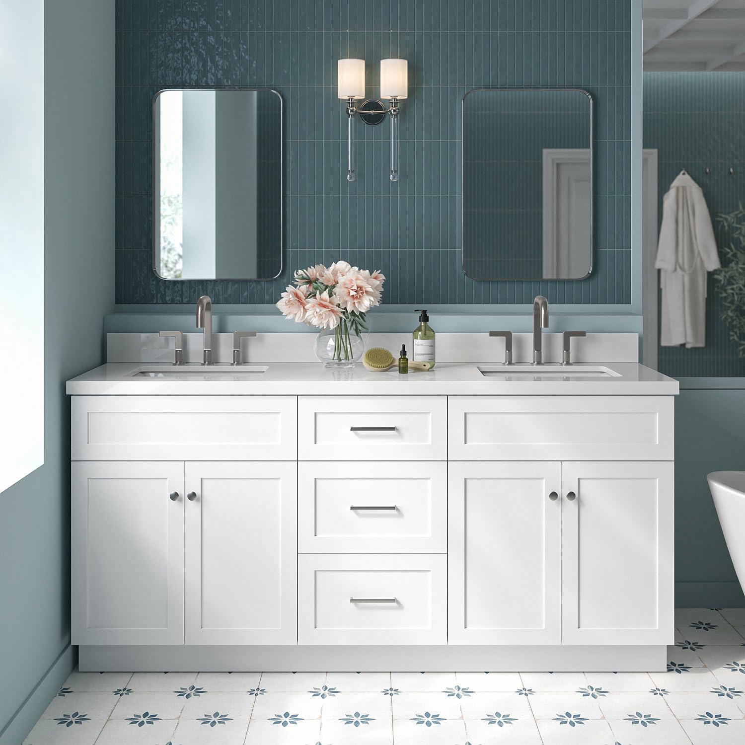 ARIEL Hamlet 72-inch Bathroom Vanity with Sink,Solid Wood, 1.5-inch Pure White Quartz Countertop & Backsplash, Double Rectangular Porcelain Sink, 4 Soft Closing Doors, 3 Dovetail Drawers, White