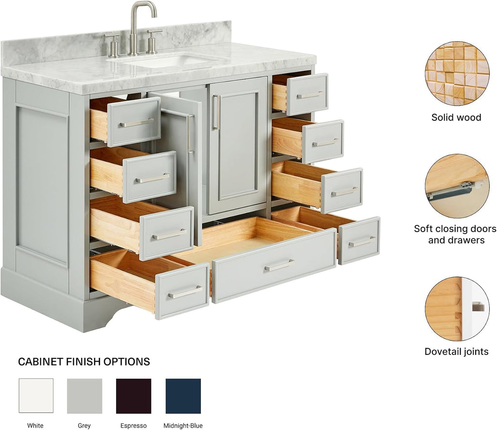 ARIEL Stafford 48-inch Bathroom Vanity with Sink,Solid Wood, 1.5-inch Italian Carrara Marble Countertop, Single Rectangular Porcelain Sink, 2 Soft Closing Doors, 9 Dovetail Drawers, Grey