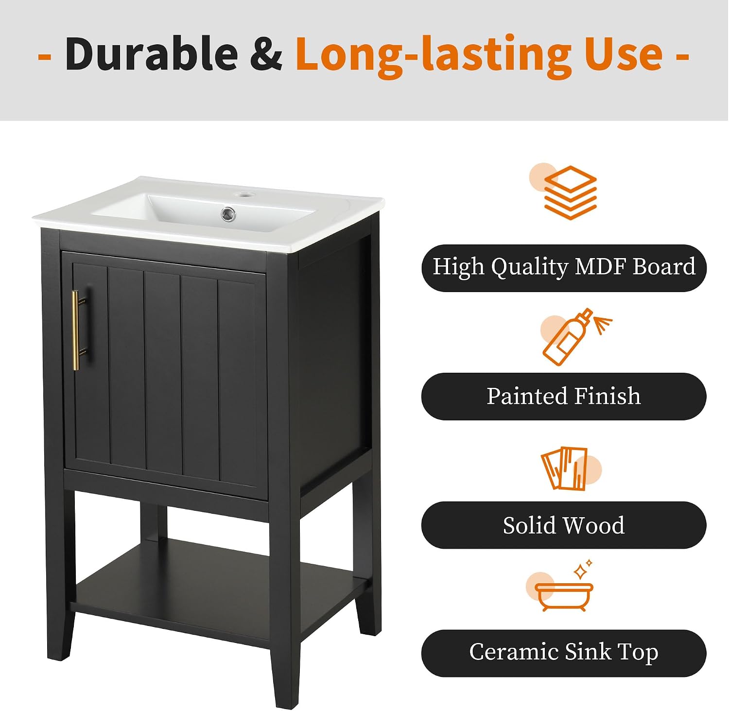 20' Bathroom Vanity Cabinet with Ceramic Sink Top Set, Freestanding, Two-Tier Storage Rack, Soft Closing Door, Black