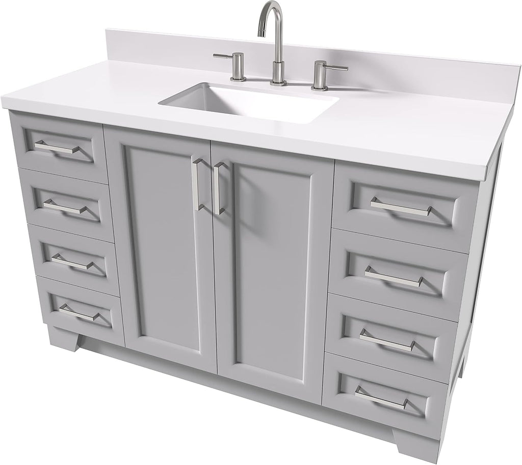 ARIEL Taylor 54-inch Bathroom Vanity with Sink,Solid Wood, 1.5-inch Pure White Quartz Countertop & Backsplash, Single Rectangular Porcelain Sink, 2 Soft Closing Doors, 9 Dovetail Drawers, Grey