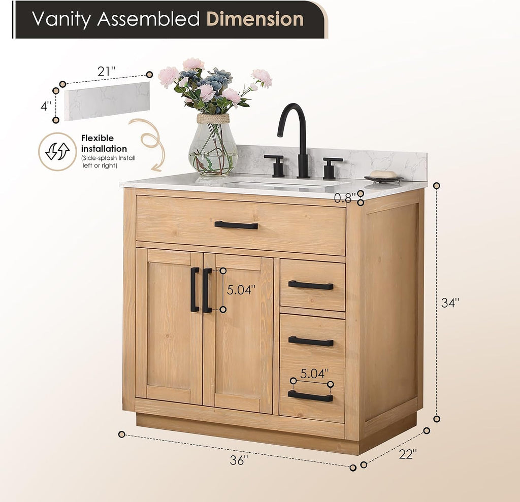 ALTAIR 36 Bathroom Vanity with Sink Mordern Freestanding Single Vanities Light Brown Large Storge Cabinet with Ceramic Countertop Pre-Assembled Sidesplash and Backsplash Included